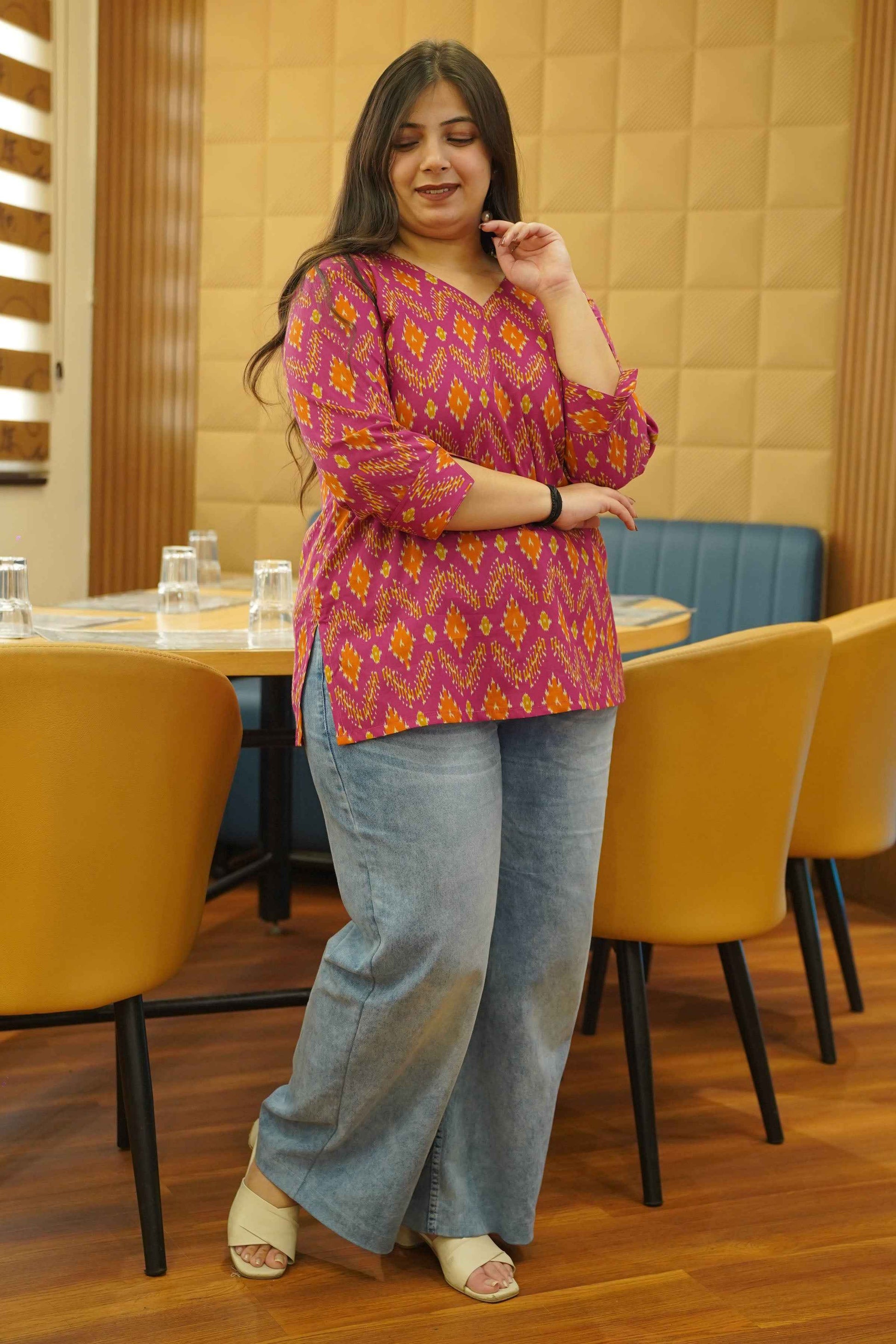 Tangy Fuchsia Ikat Printed Cotton Top