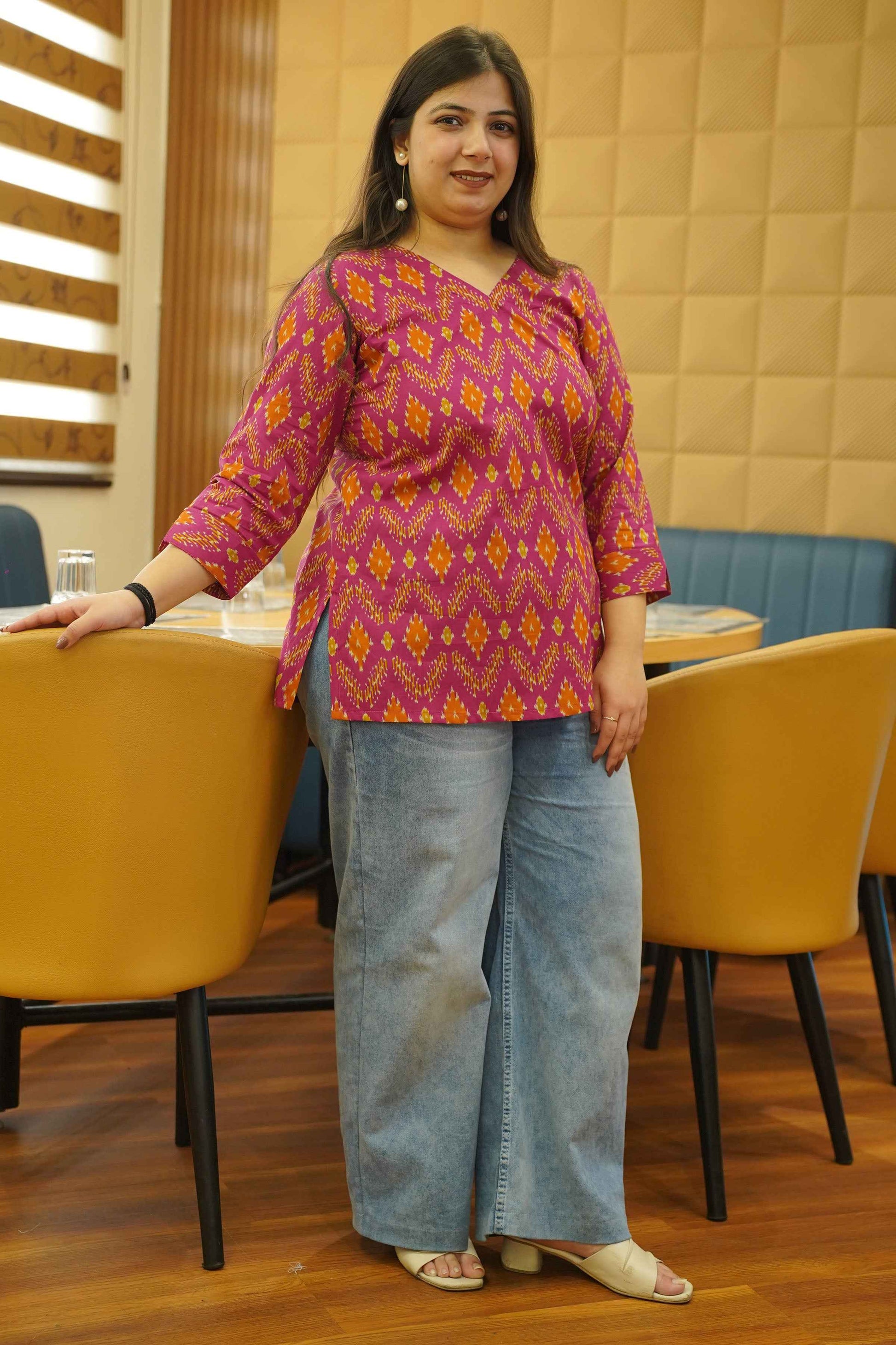 Tangy Fuchsia Ikat Printed Cotton Top