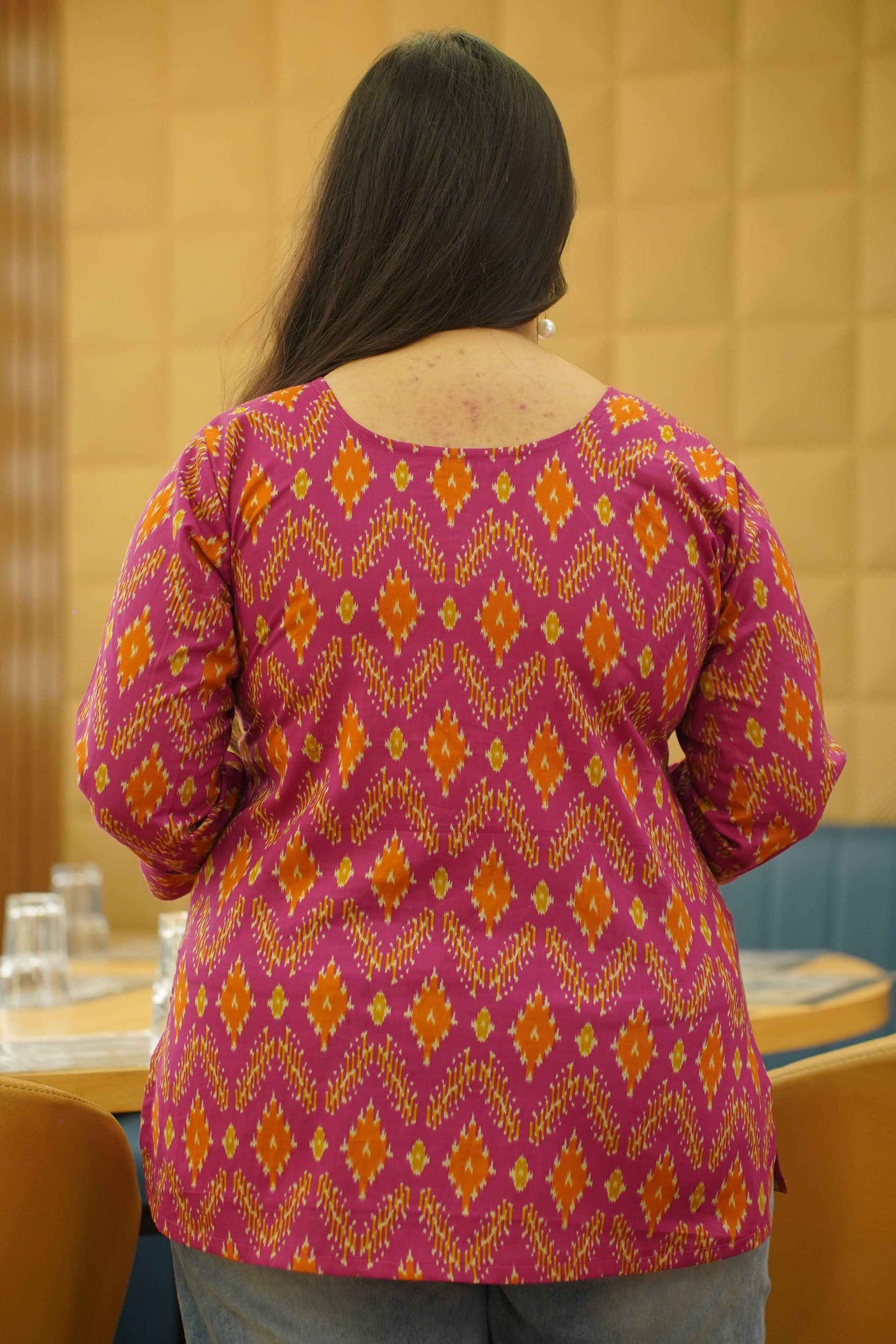 Tangy Fuchsia Ikat Printed Cotton Top