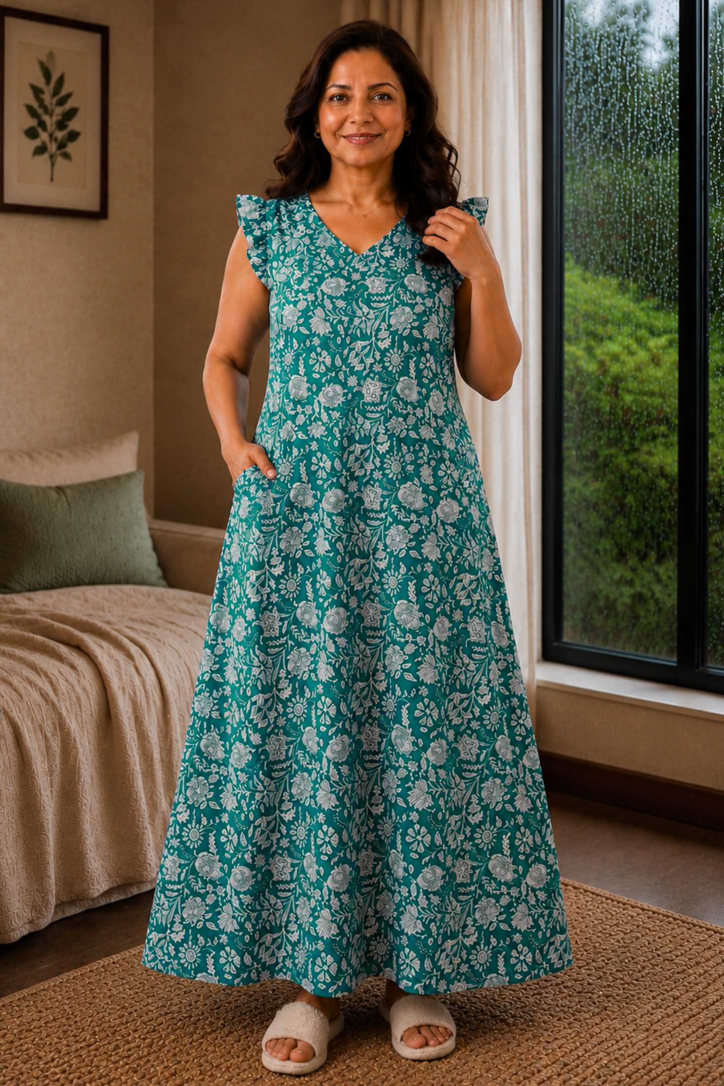 Teal Blossom Rayon Night Gown