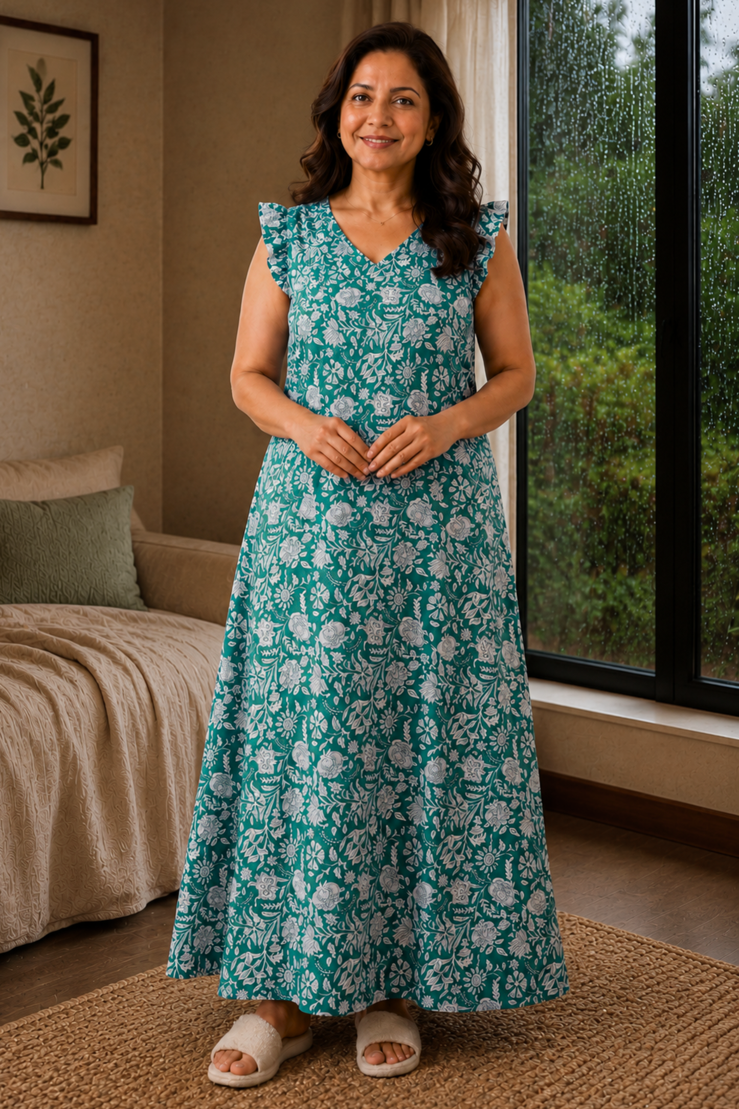 Teal Blossom Rayon Night Gown