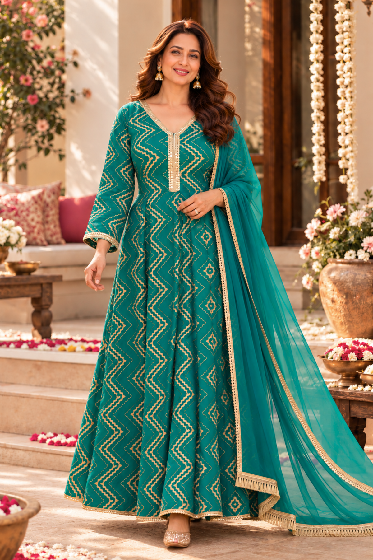 Emerald Glow Foiled Anarkali Dress