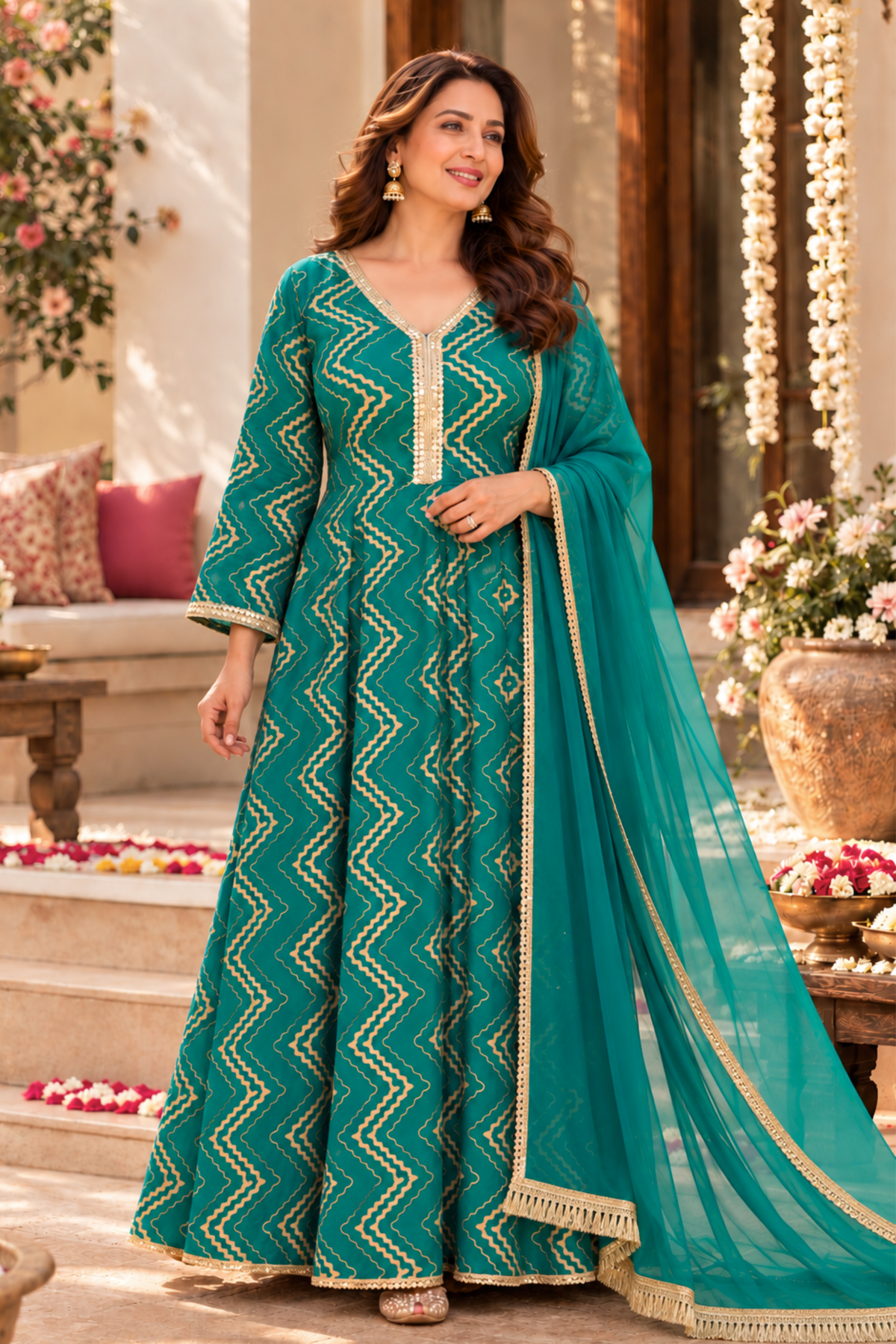 Emerald Glow Foiled Anarkali Dress