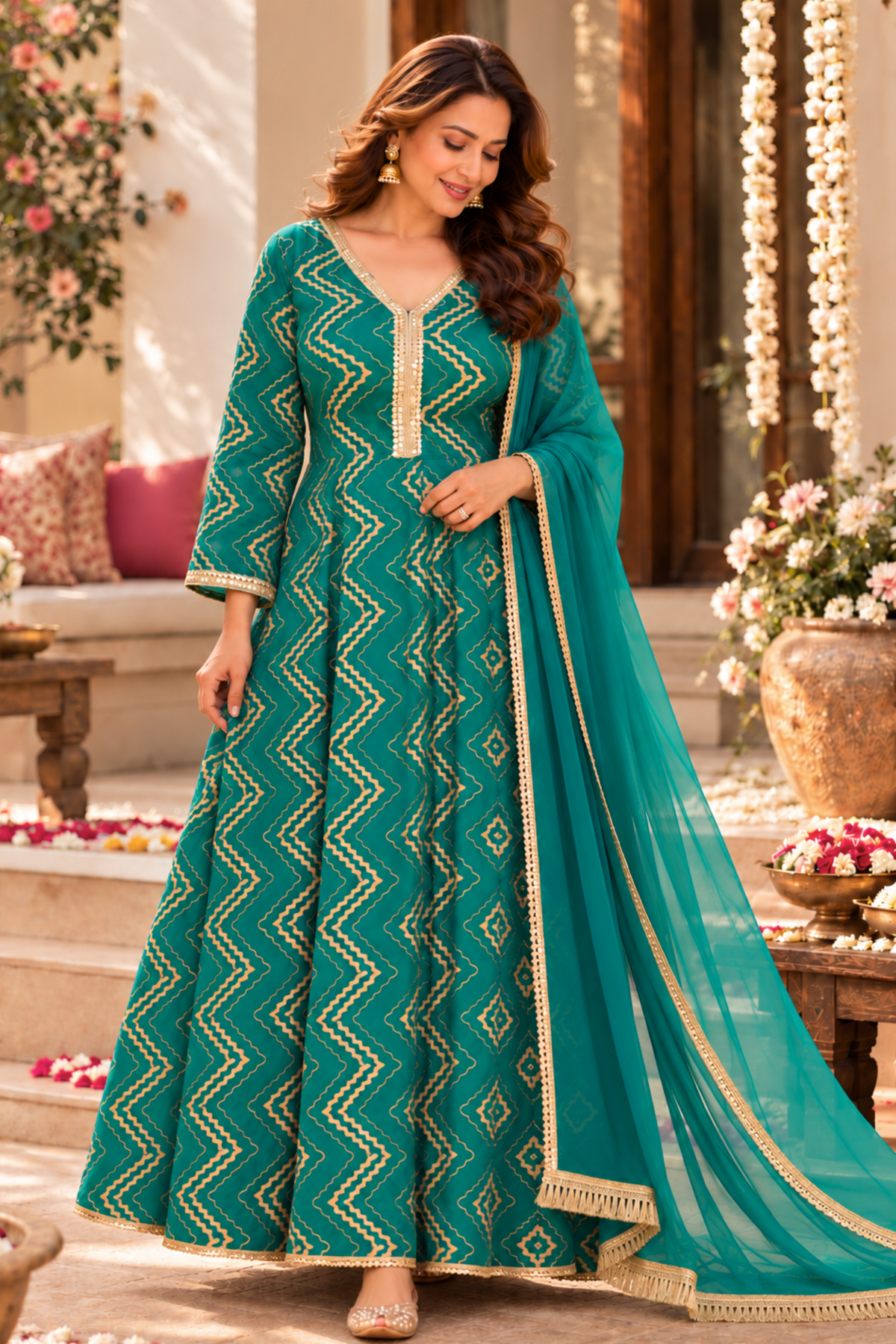 Emerald Glow Foiled Anarkali Dress