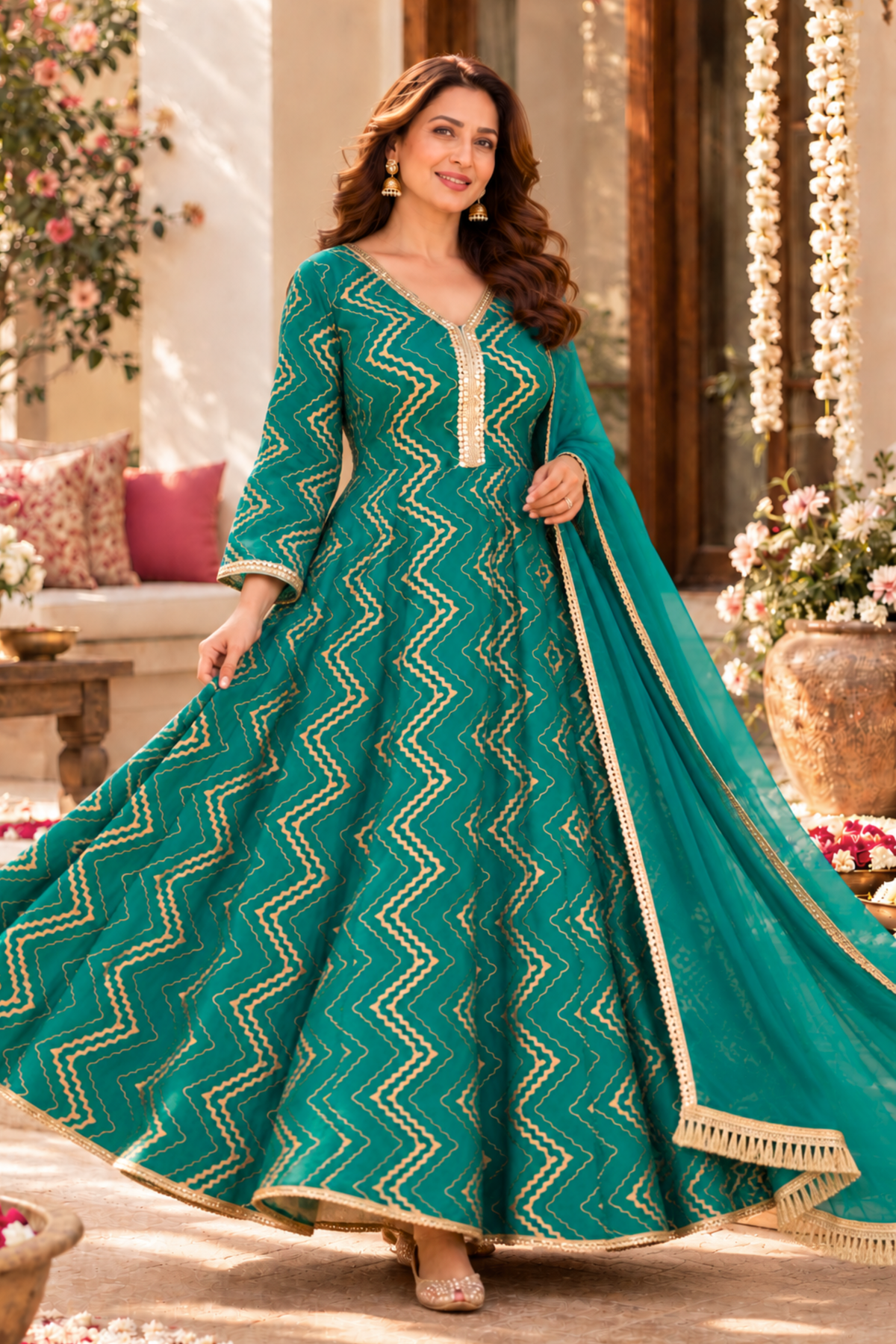 Emerald Glow Foiled Anarkali Dress