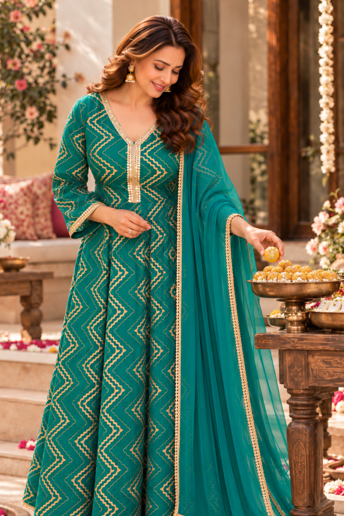 Emerald Glow Foiled Anarkali Dress