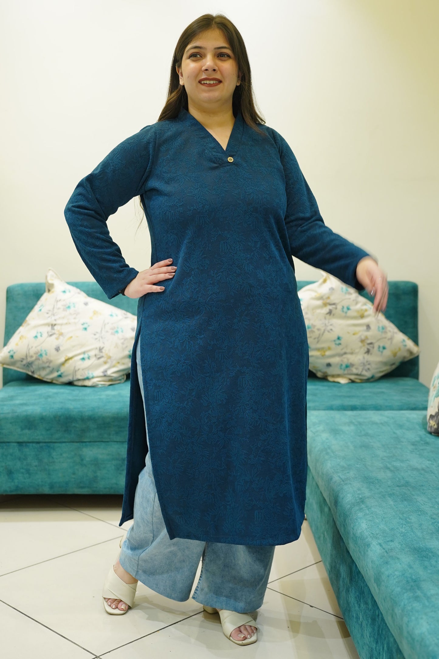 Teal Snuggle Knitted Woollen Kurta