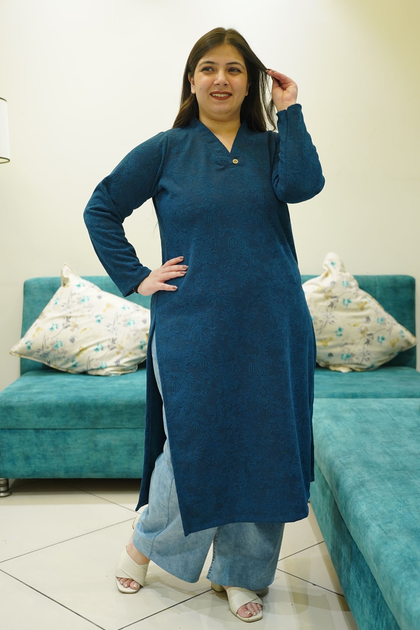 Teal Snuggle Knitted Woollen Kurta
