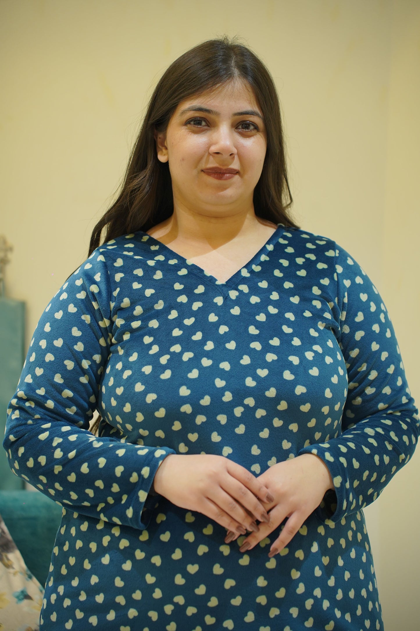 Teal Hearty Velvet Night Suit