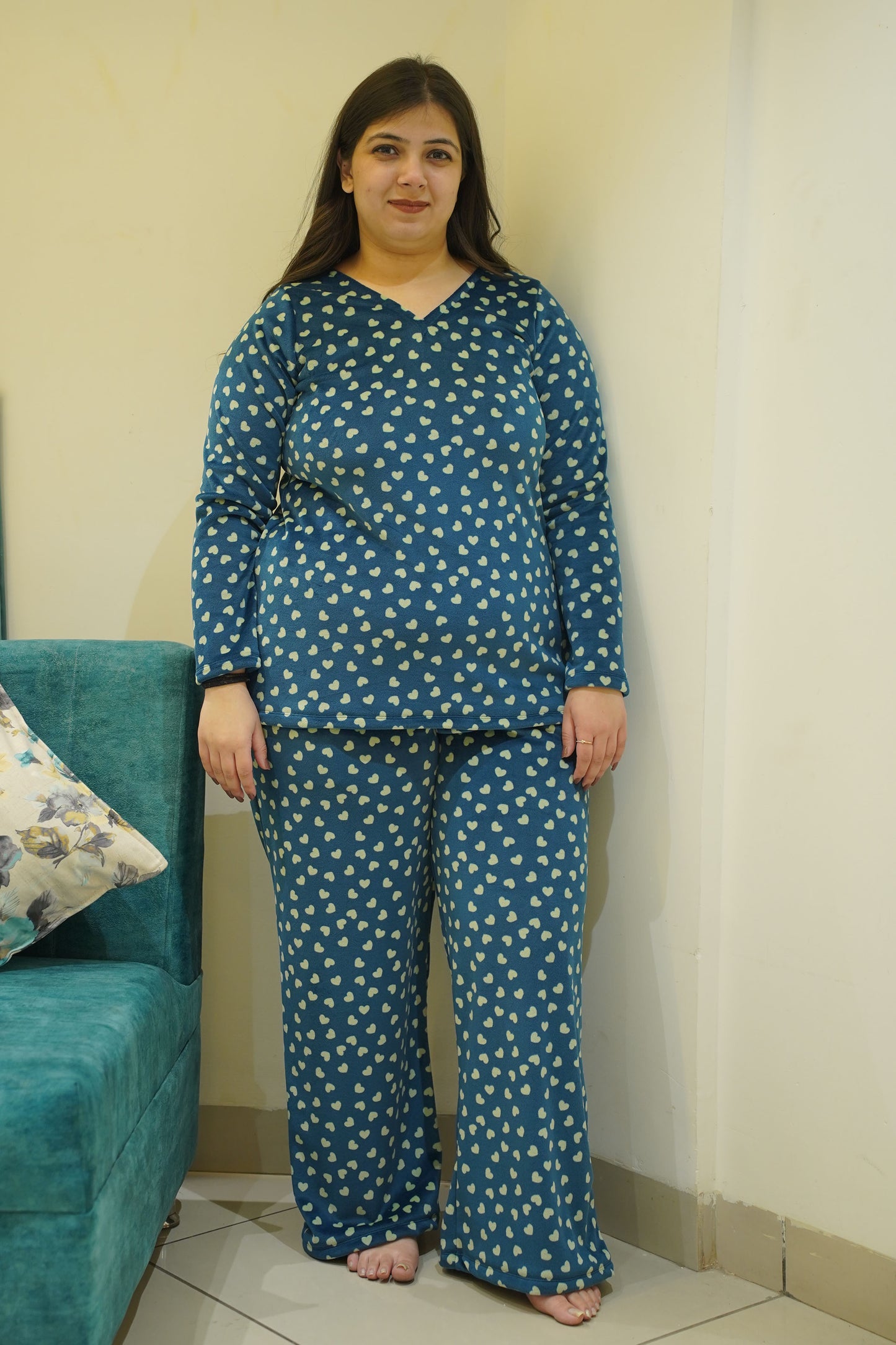 Teal Hearty Velvet Night Suit