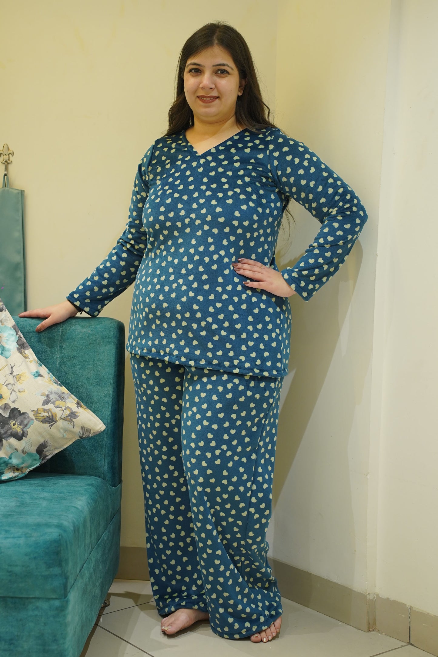 Teal Hearty Velvet Night Suit