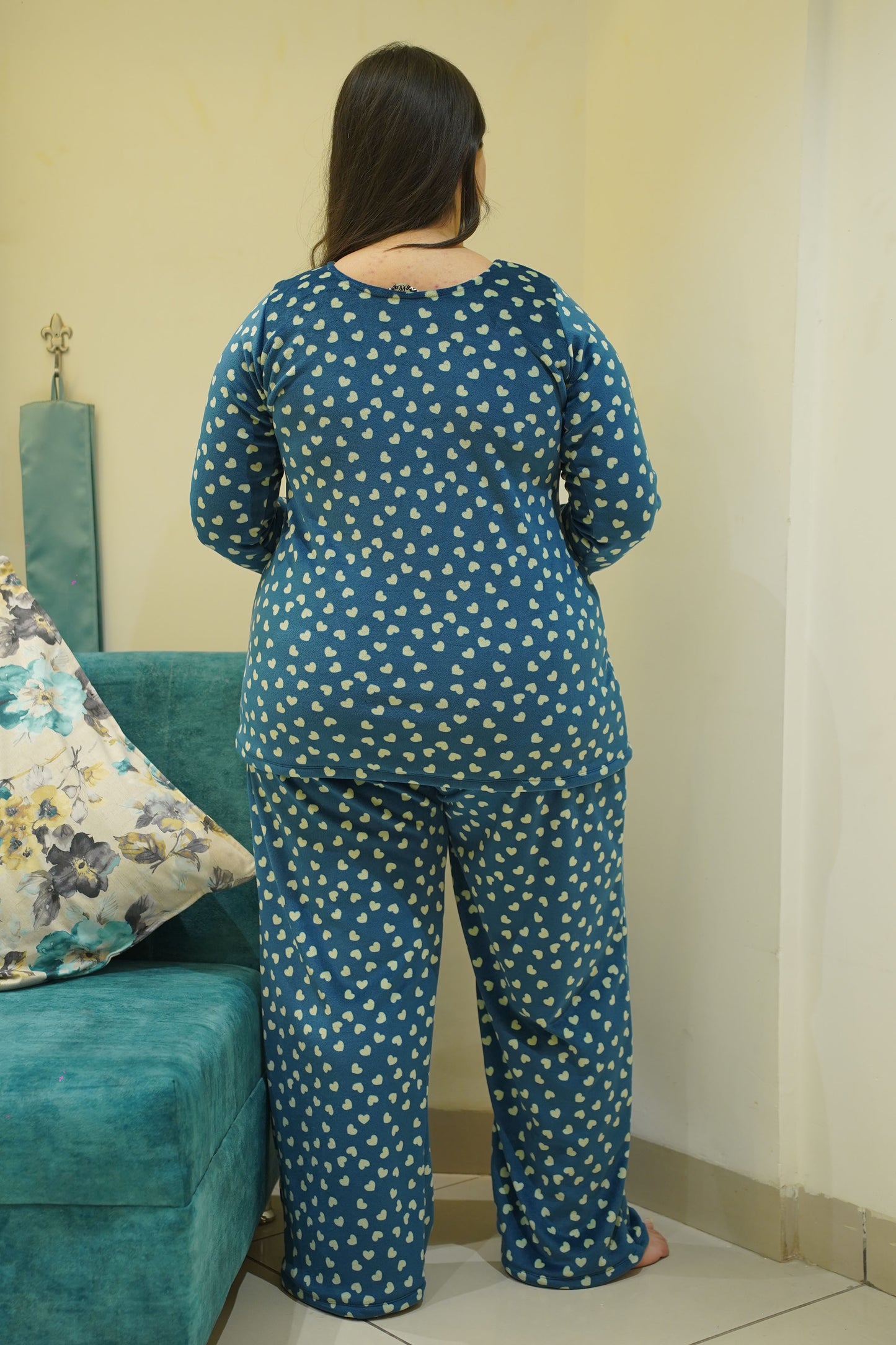 Teal Hearty Velvet Night Suit