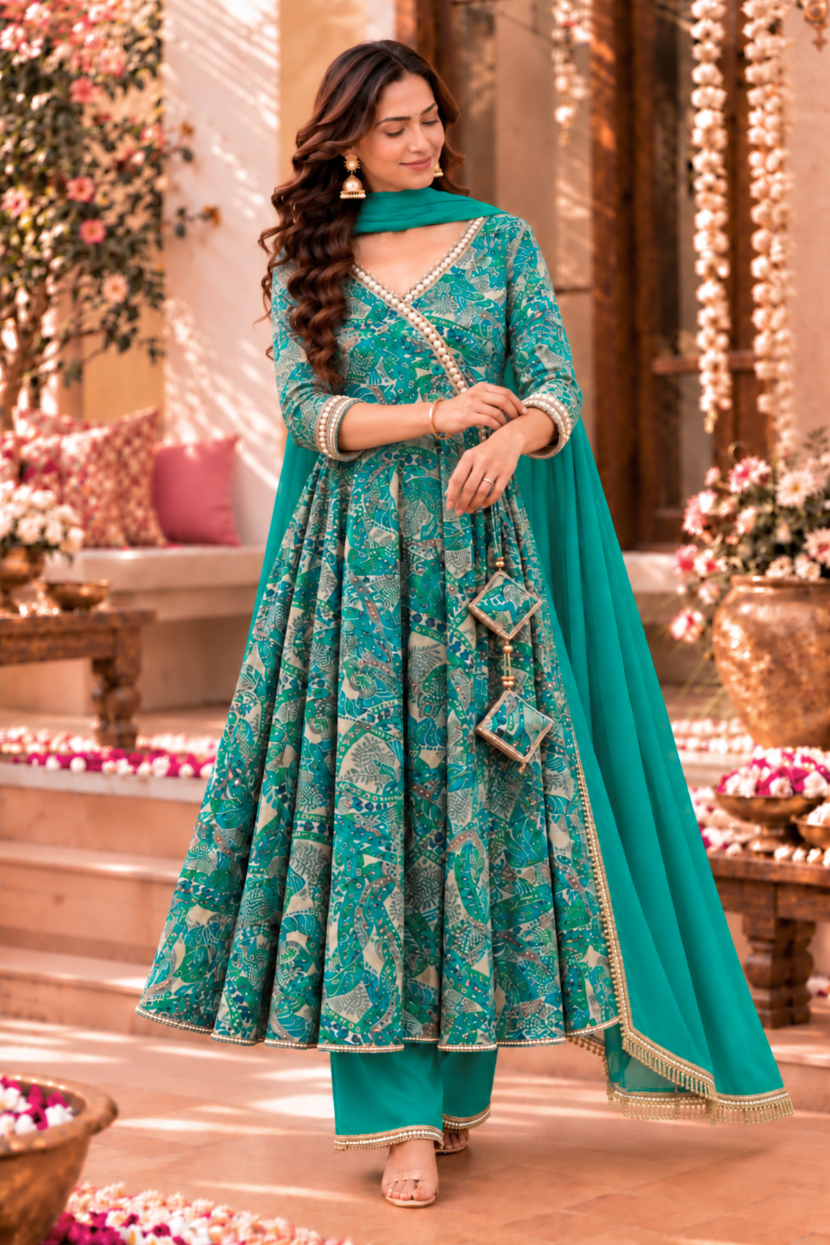Jade Radiance Chinon Anarkali Set