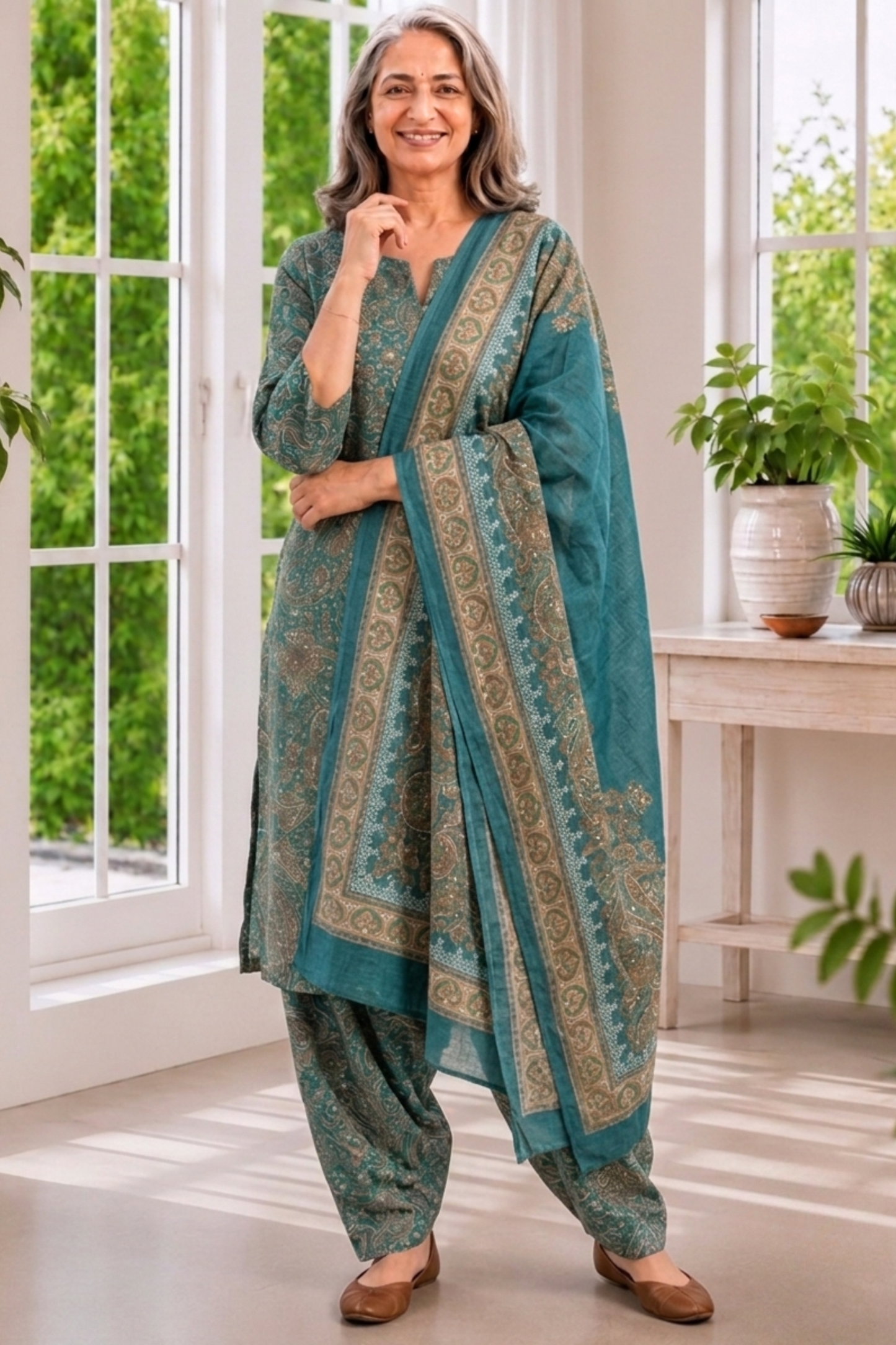 Teal Tapestry Foiled Cotton Salwar Suit