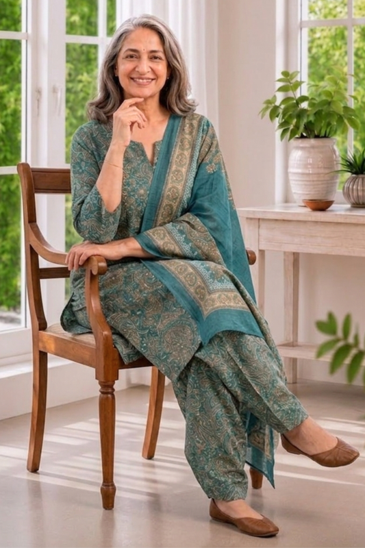 Teal Tapestry Foiled Cotton Kurta With Salwar