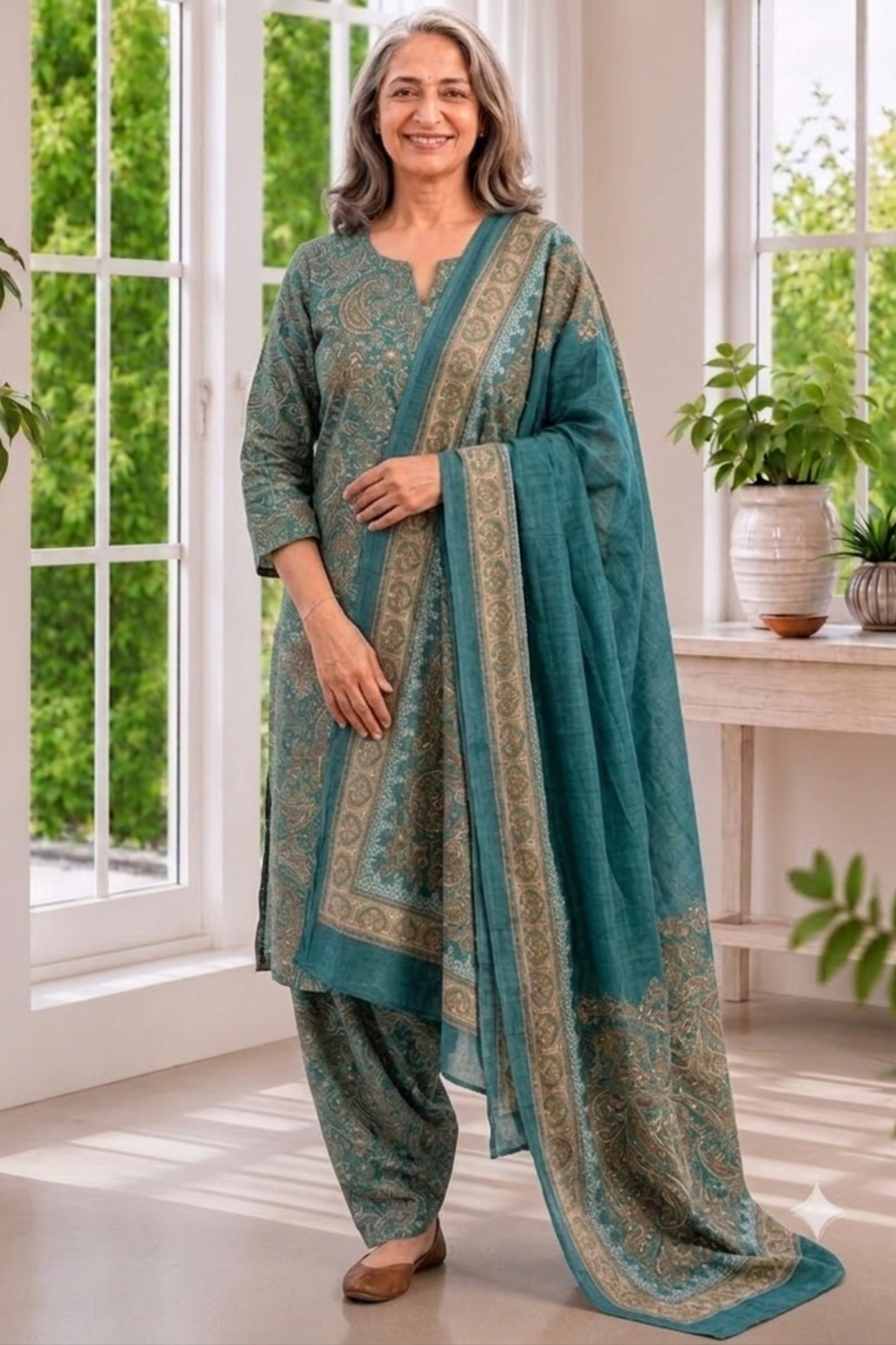 Teal Tapestry Foiled Cotton Salwar Suit