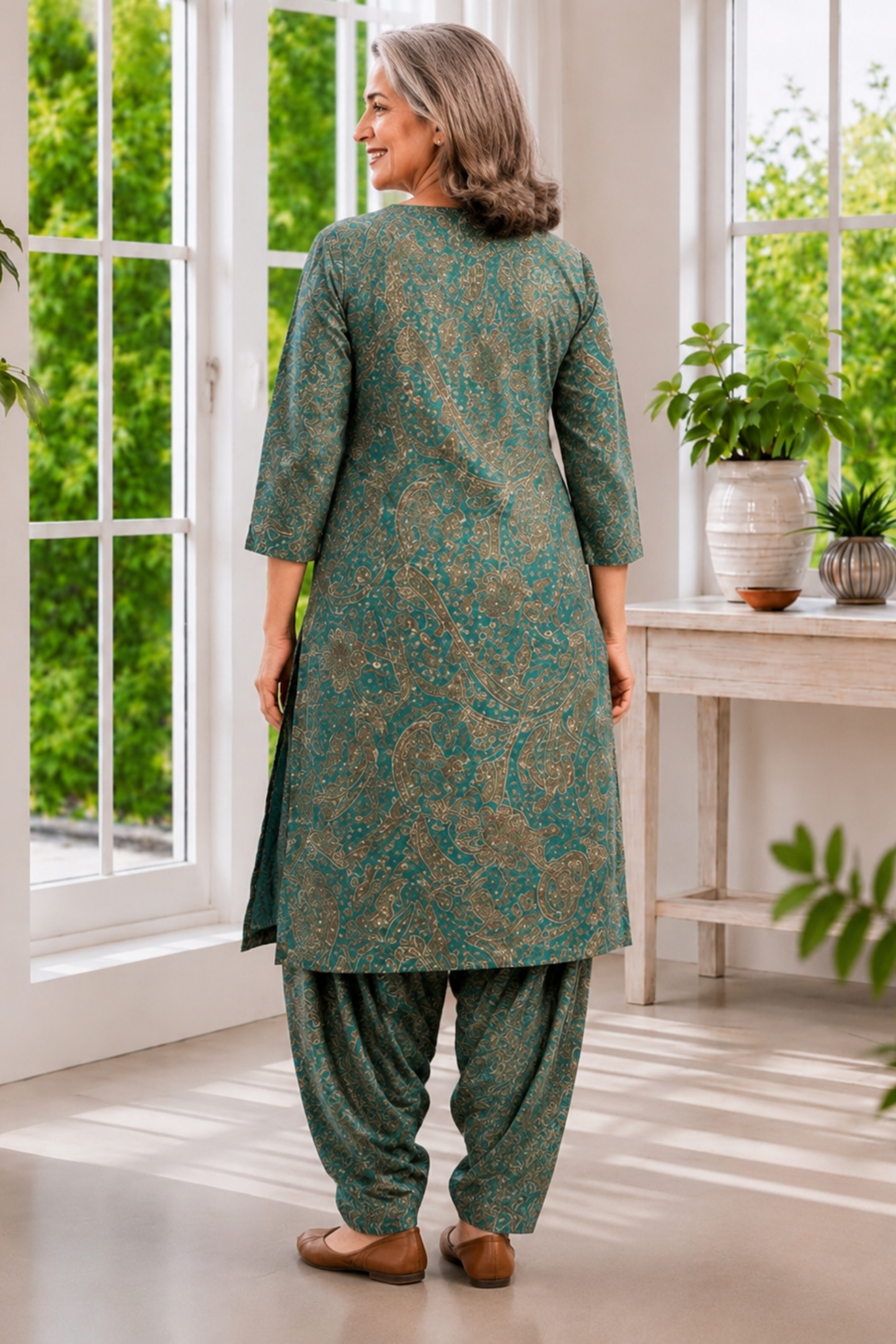 Teal Tapestry Foiled Cotton Salwar Suit