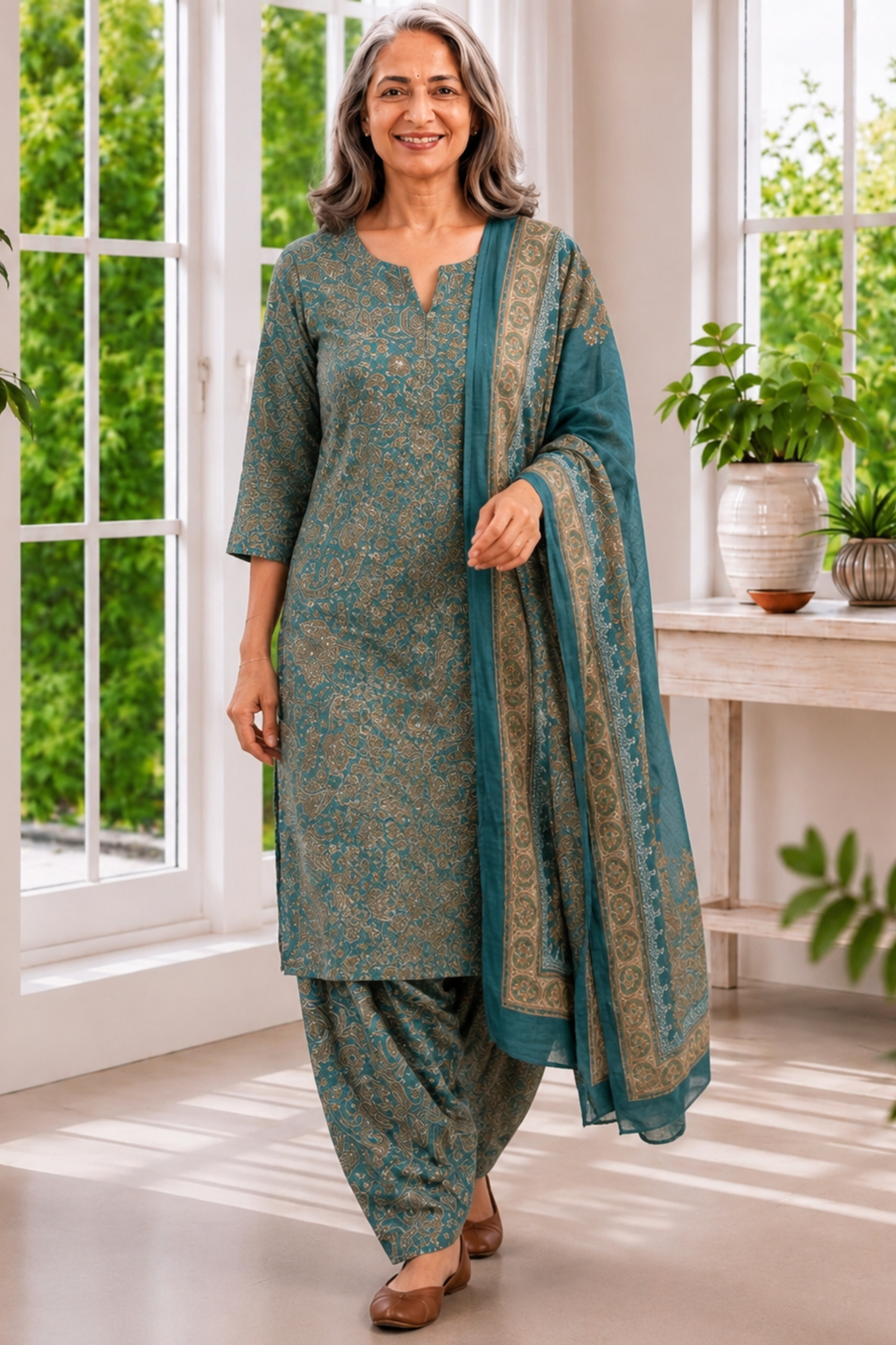 Teal Tapestry Foiled Cotton Salwar Suit