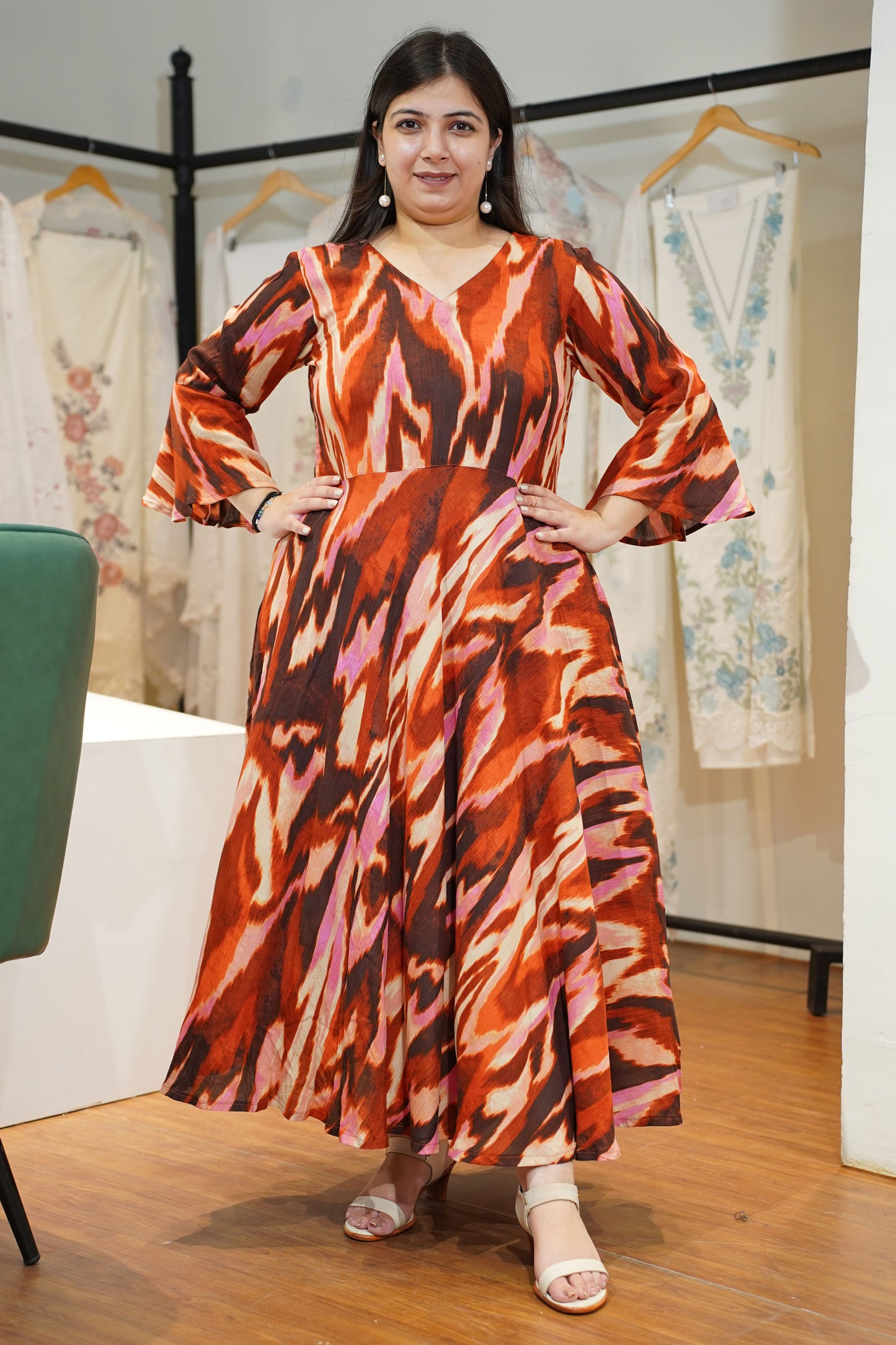Terracotta Flame Flared Maxi Dress