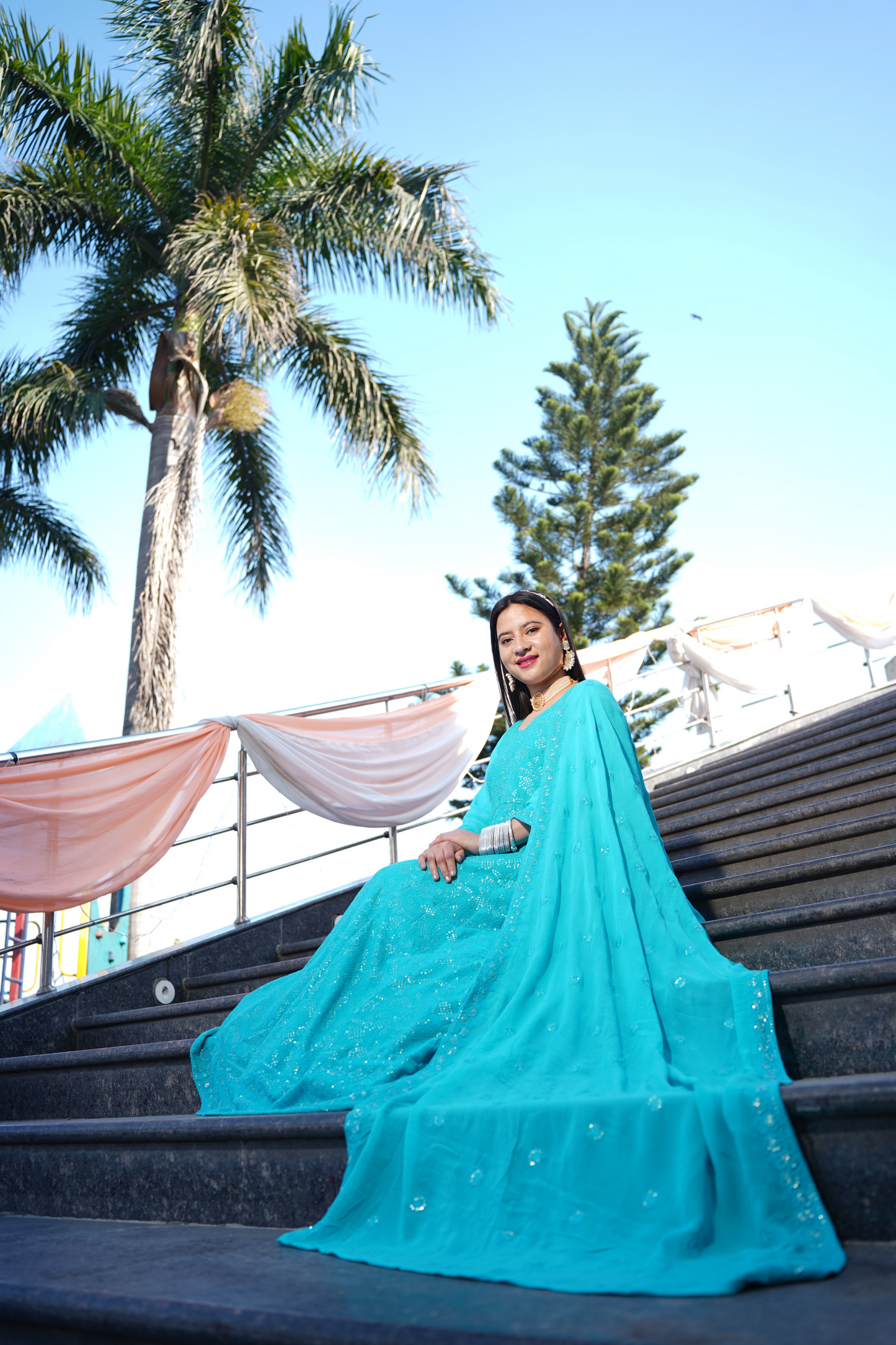 Turquoise Blue Georgette Dress with Dupatta