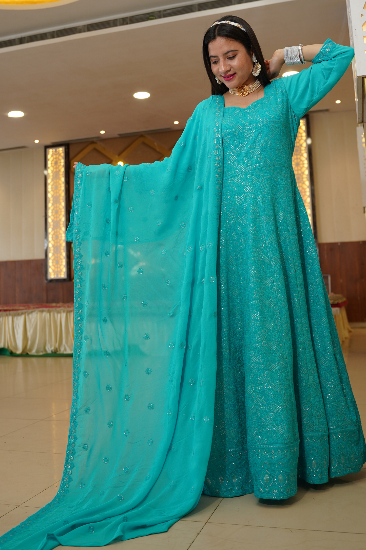 Turquoise Blue Georgette Dress with Dupatta