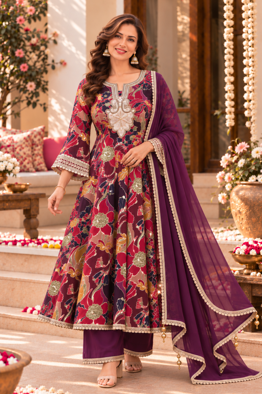 Plum Serenade Foiled Anarkali Set
