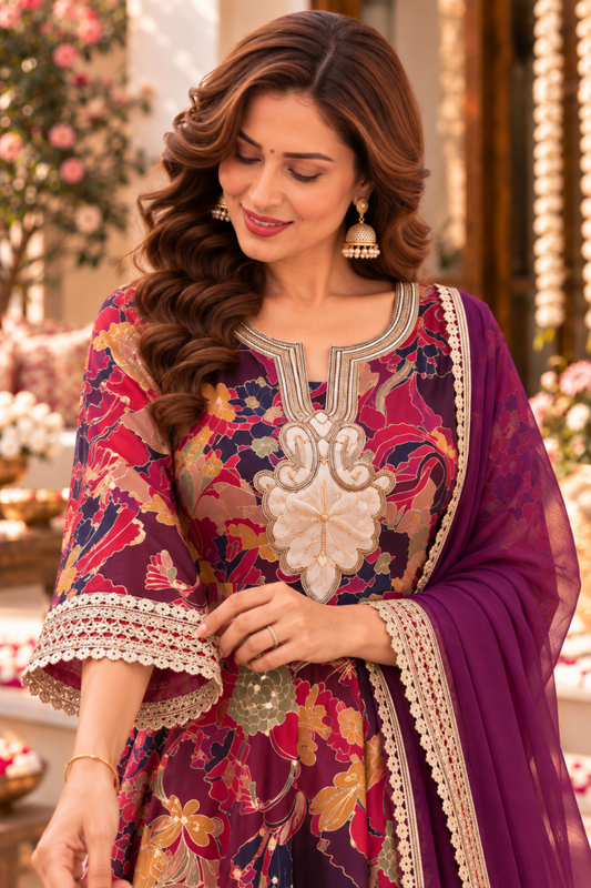 Plum Serenade Foiled Anarkali Set