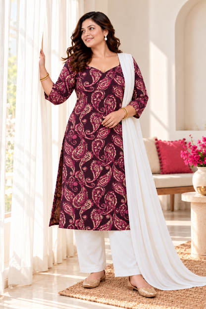 Plum Paisley Printed Suit Set