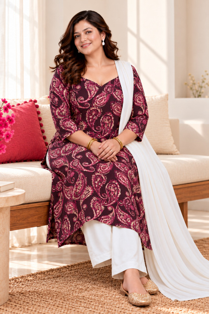 Plum Paisley Printed Suit Set