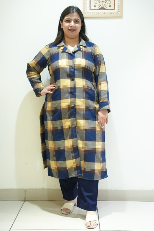 Buttercream Navy Checked Woollen Kurta