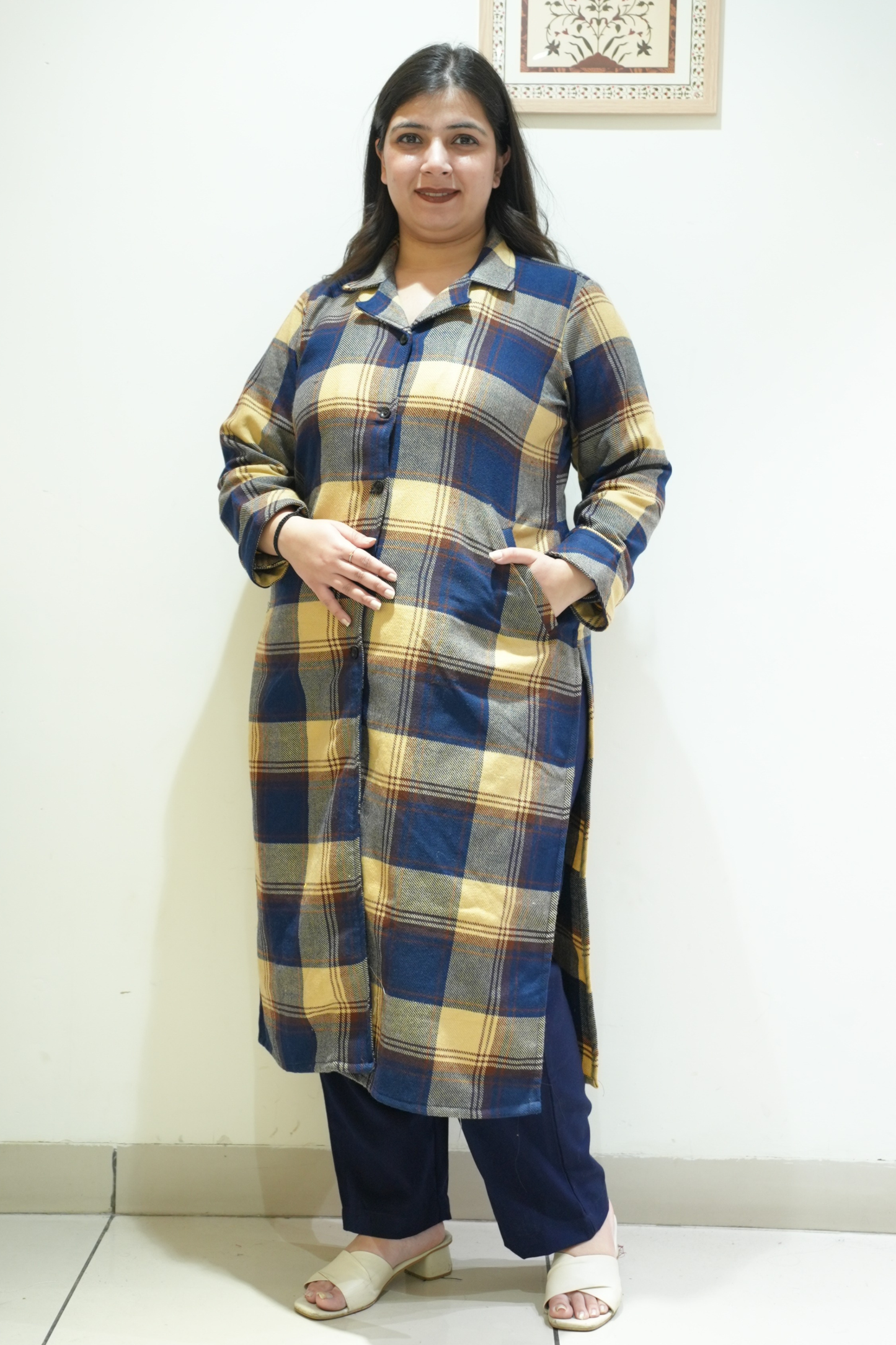 Buttercream Navy Checked Woollen Kurta