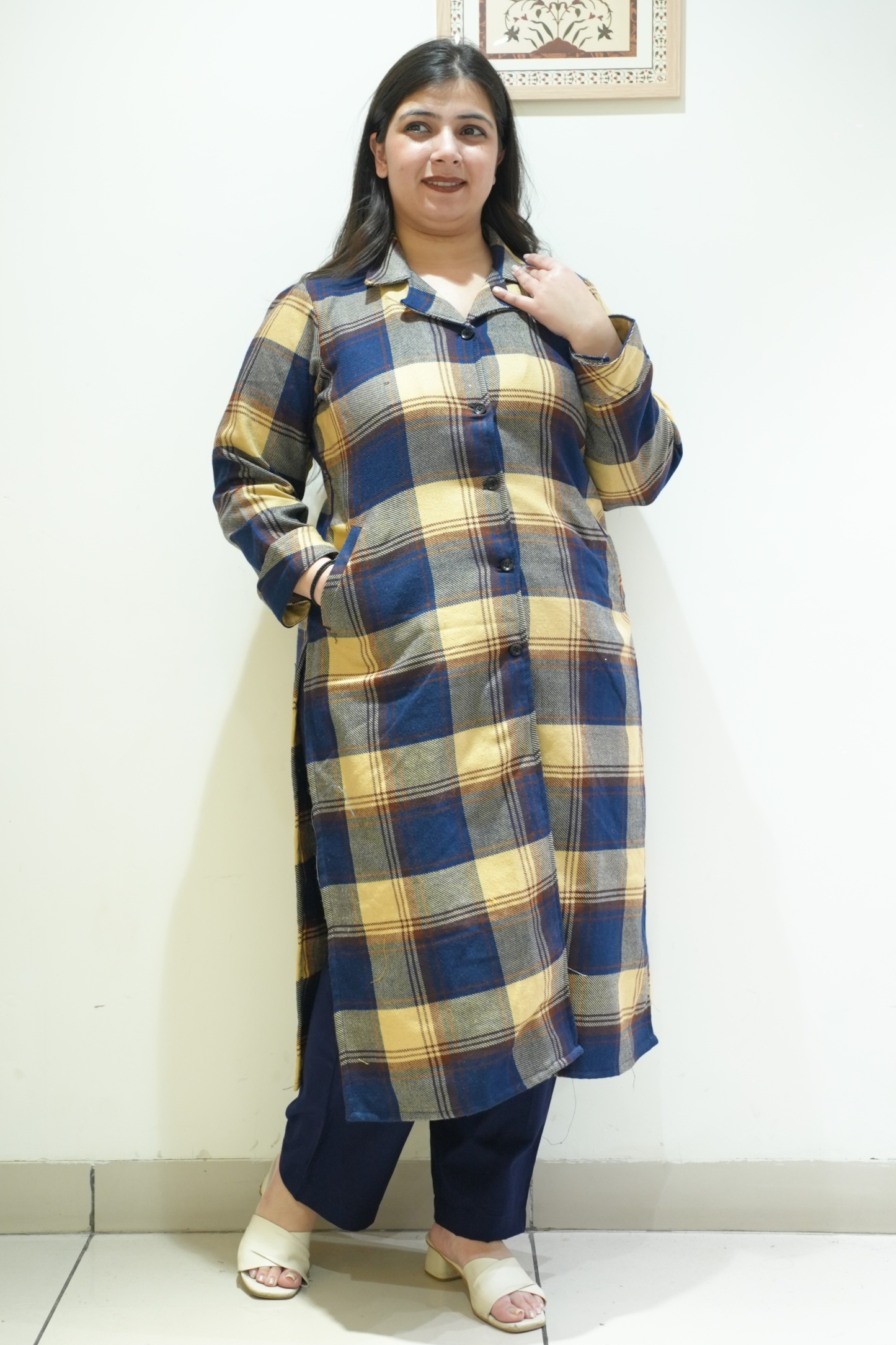 Buttercream Navy Checked Woollen Kurta