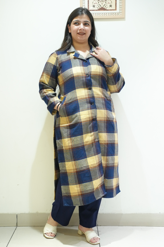 Buttercream Navy Checked Woollen Kurta