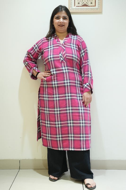 Rosewood Pink Checked Woollen Kurta