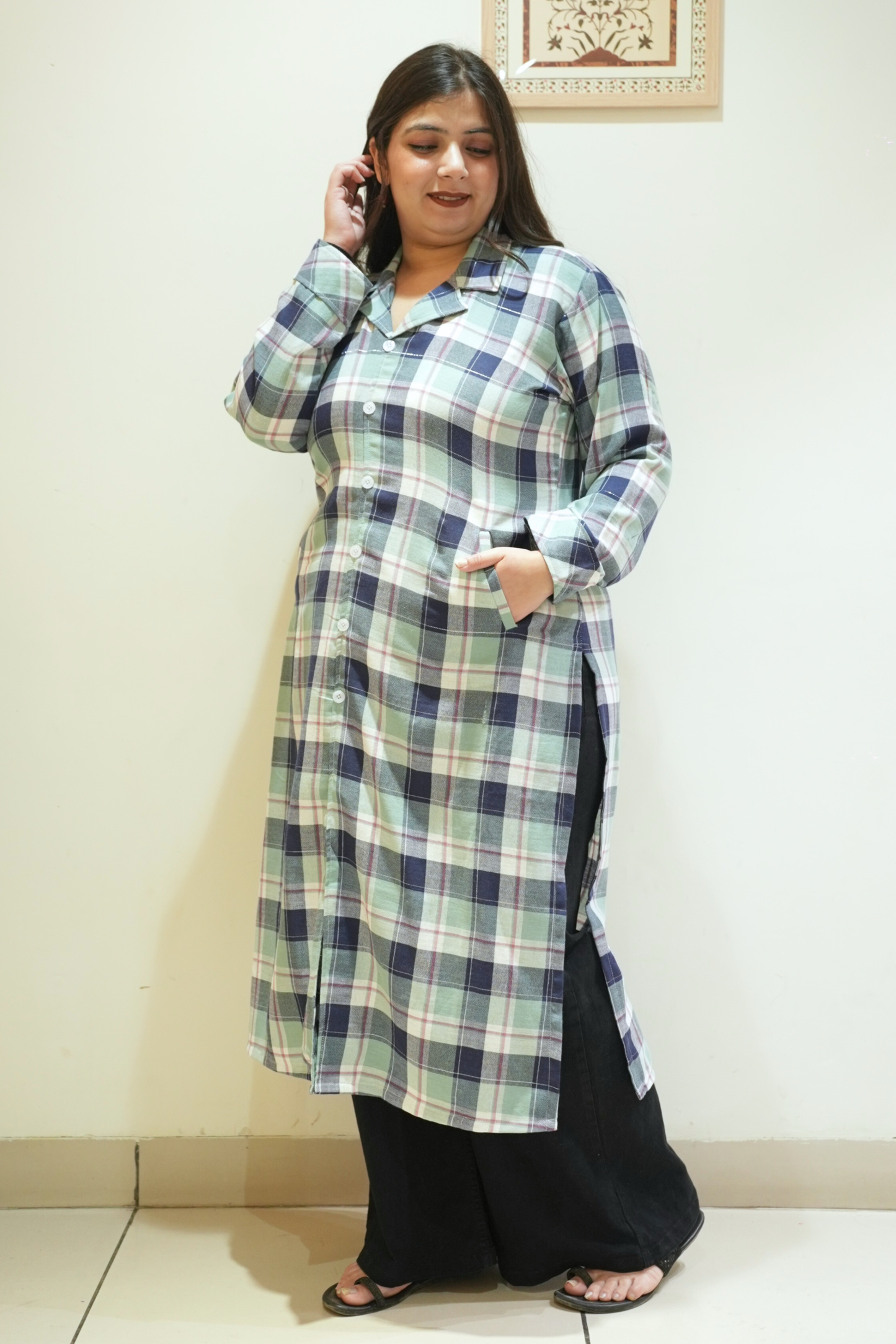 Coastal Blue Checked Woollen Kurta