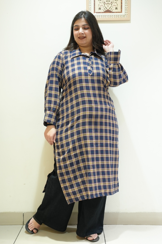 Spiced Navy Checked Woollen Kurta