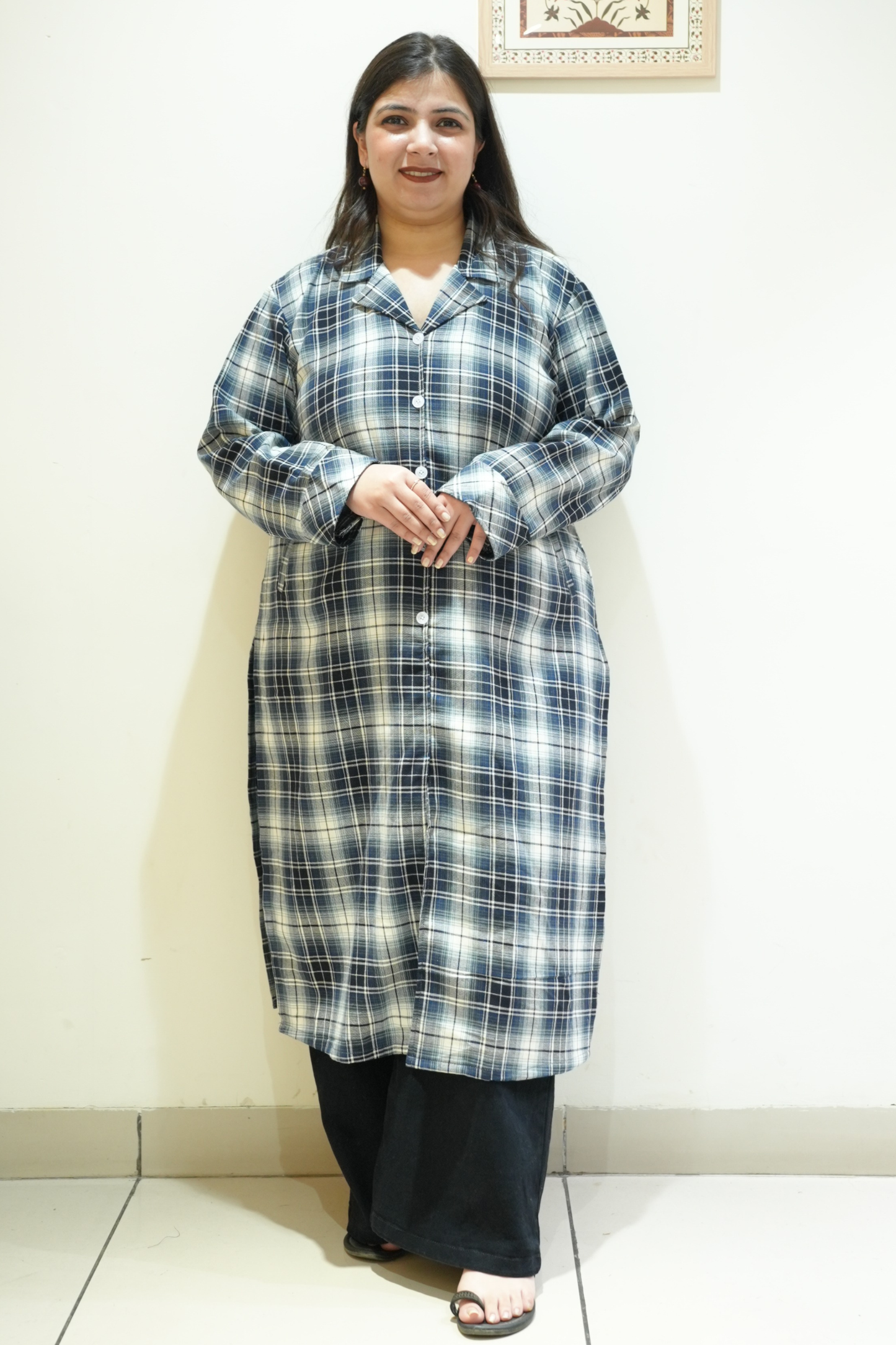 Midnight Teal Checked Woollen Kurta