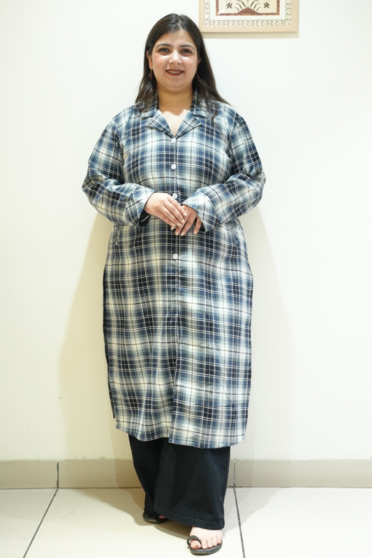 Midnight Teal Checked Woollen Kurta