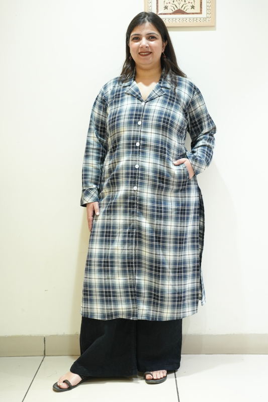 Midnight Teal Checked Woollen Kurta