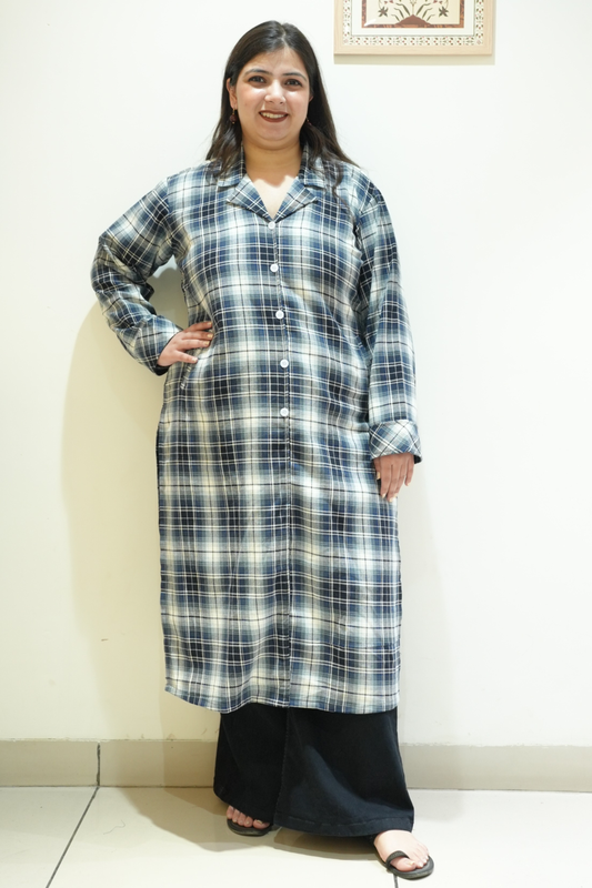 Midnight Teal Checked Woollen Kurta