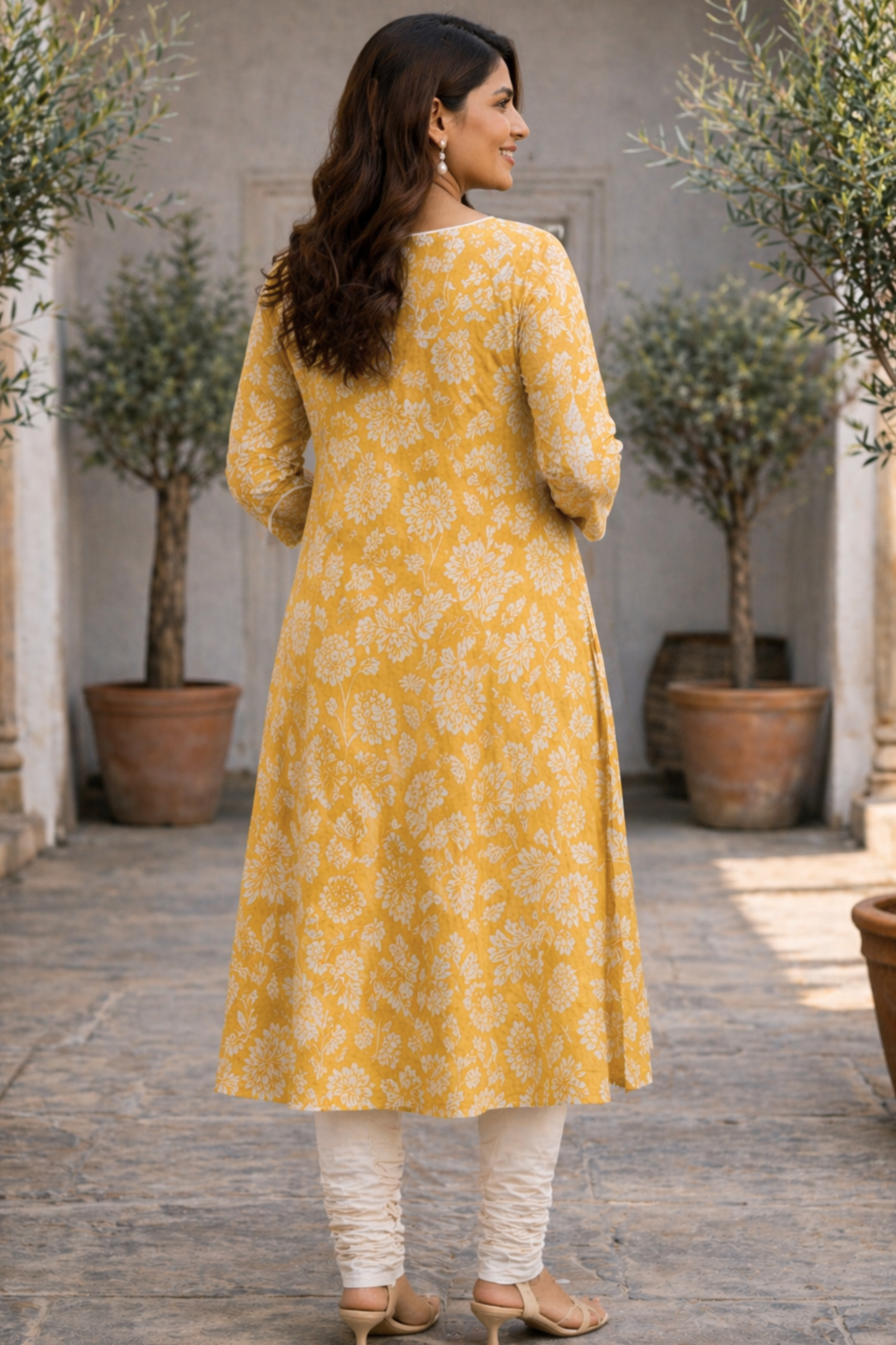 Summer Yellow Cotton A-line Kali Kurta