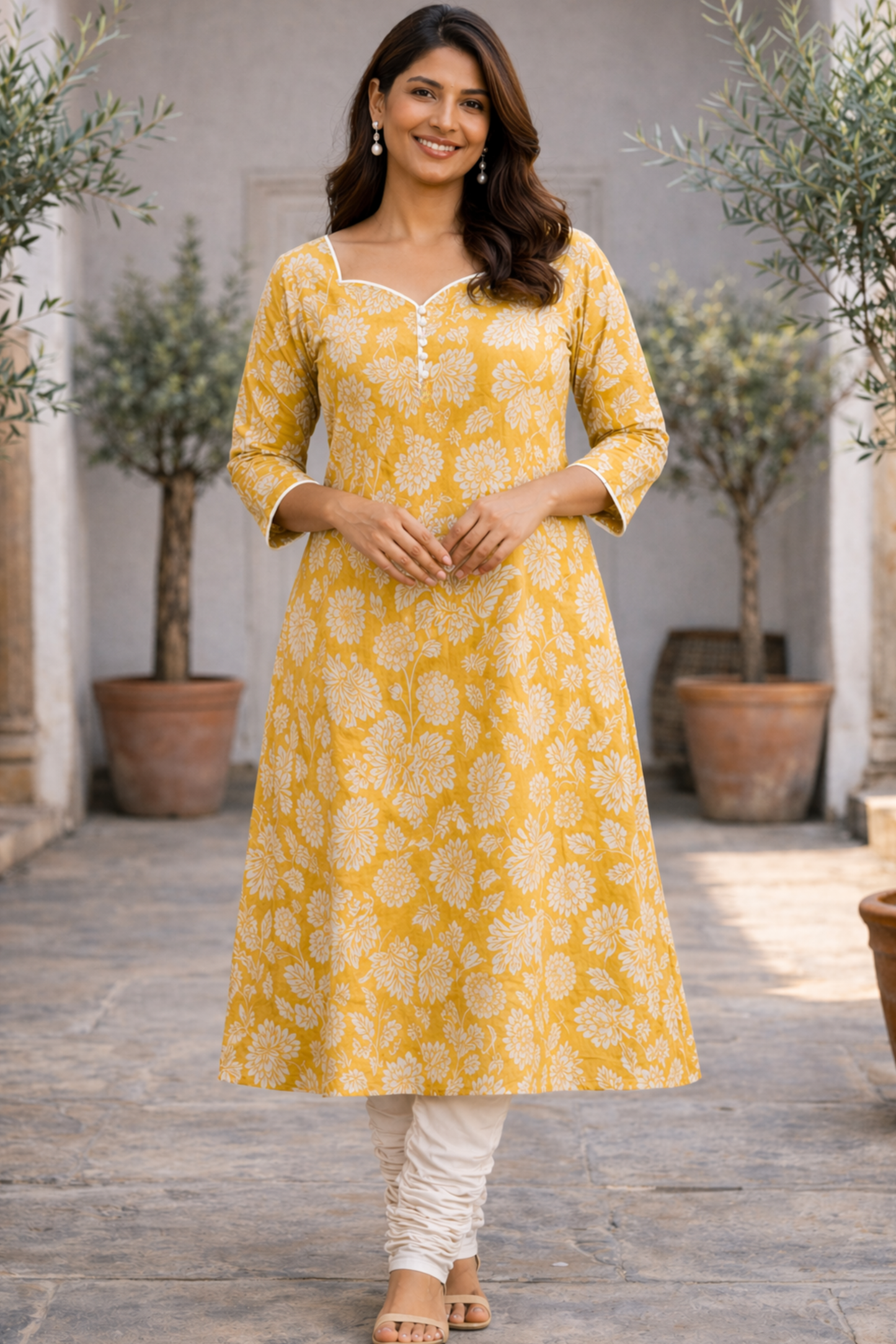 Summer Yellow Cotton A-line Kali Kurta