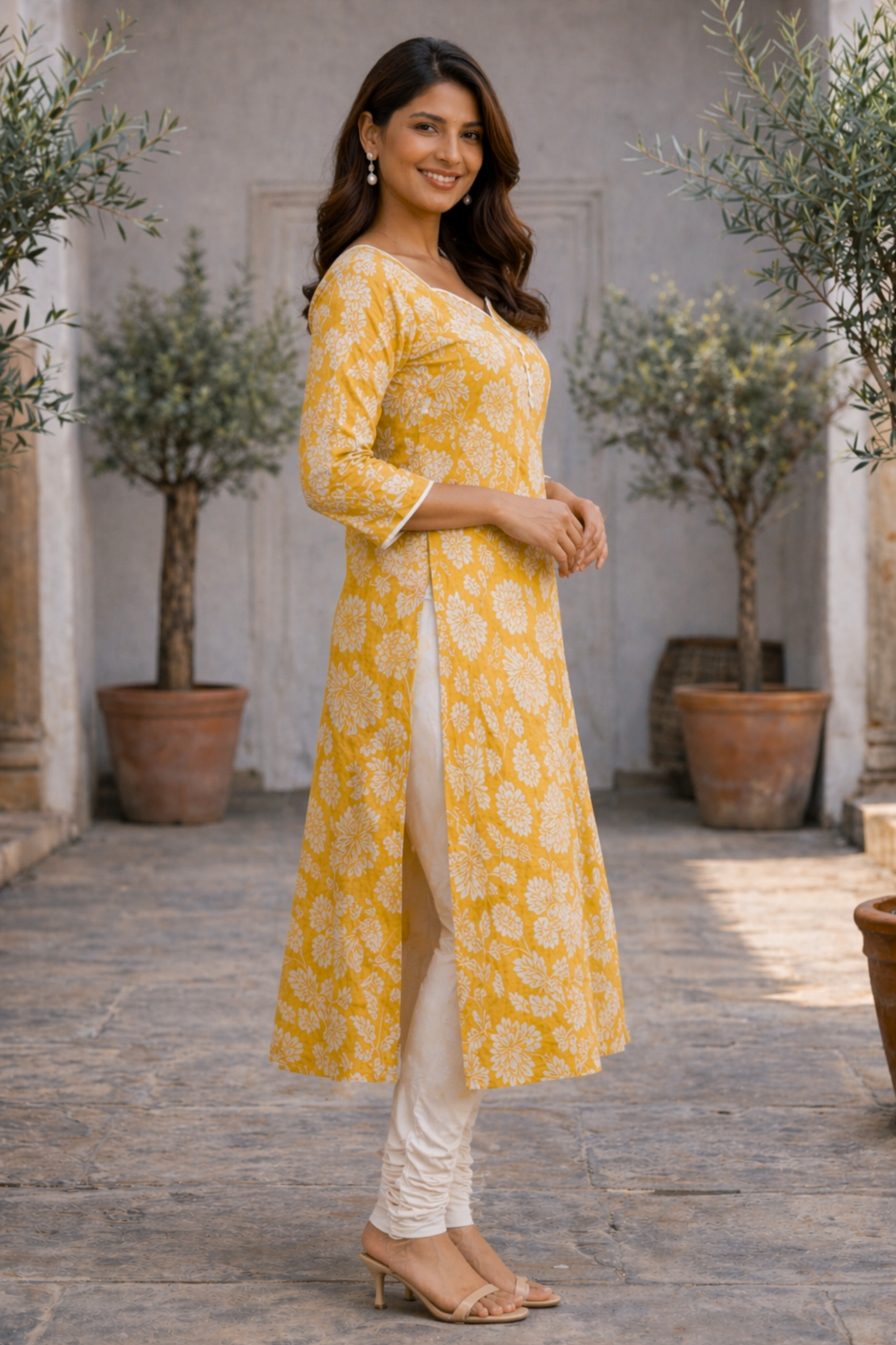 Summer Yellow Cotton A-line Kali Kurta