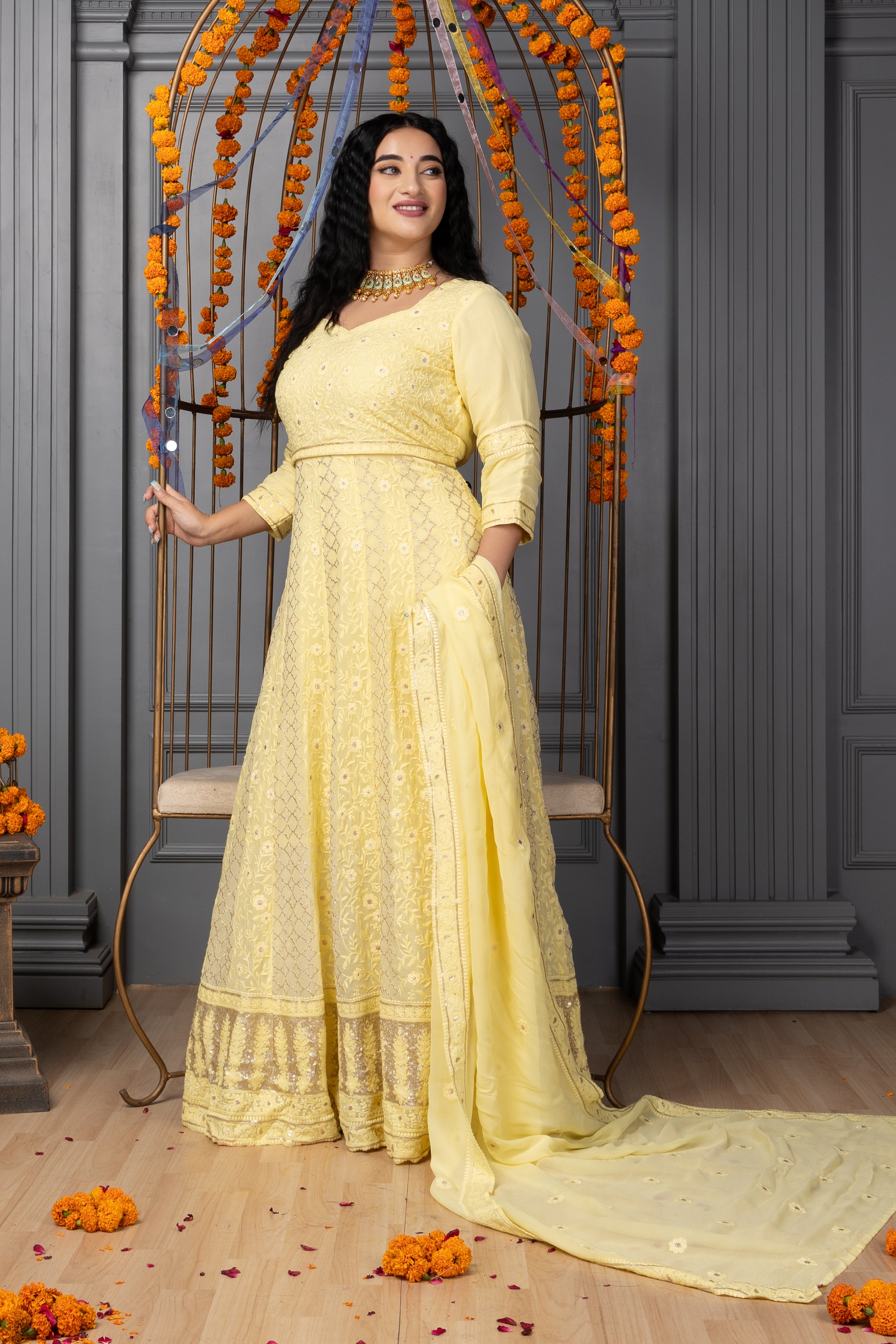 Peach Georgette Gown With Embroidered Designs at Soch