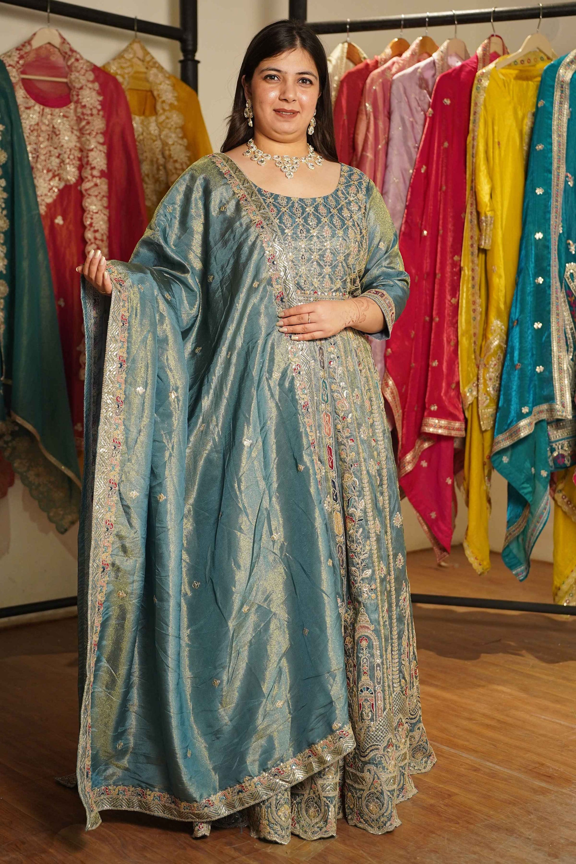 Zehnaya Blue Tissue Zari Embroidered Dress