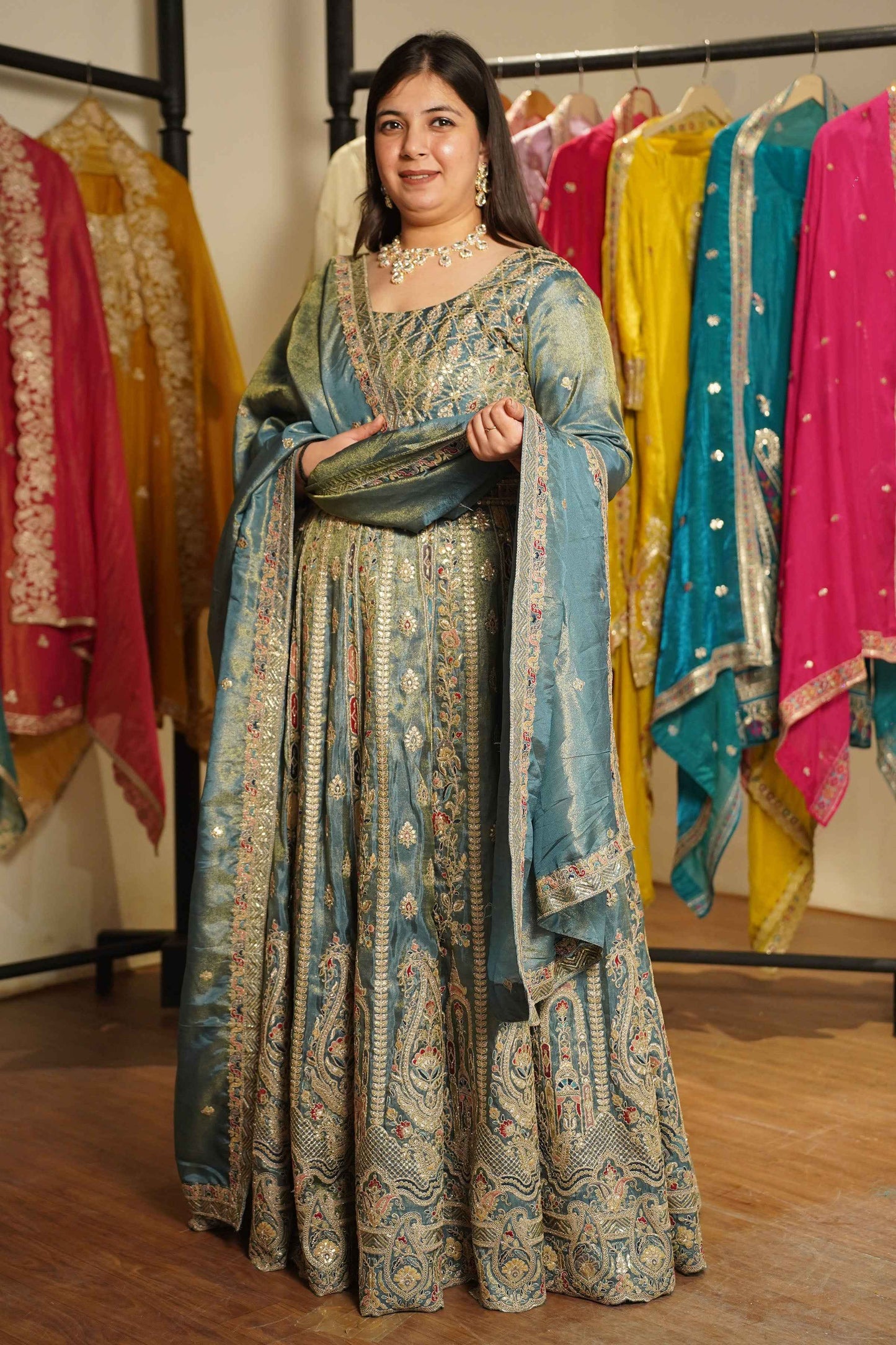 Zehnaya Blue Tissue Zari Embroidered Dress