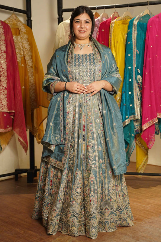 Zehnaya Blue Tissue Zari Embroidered Dress