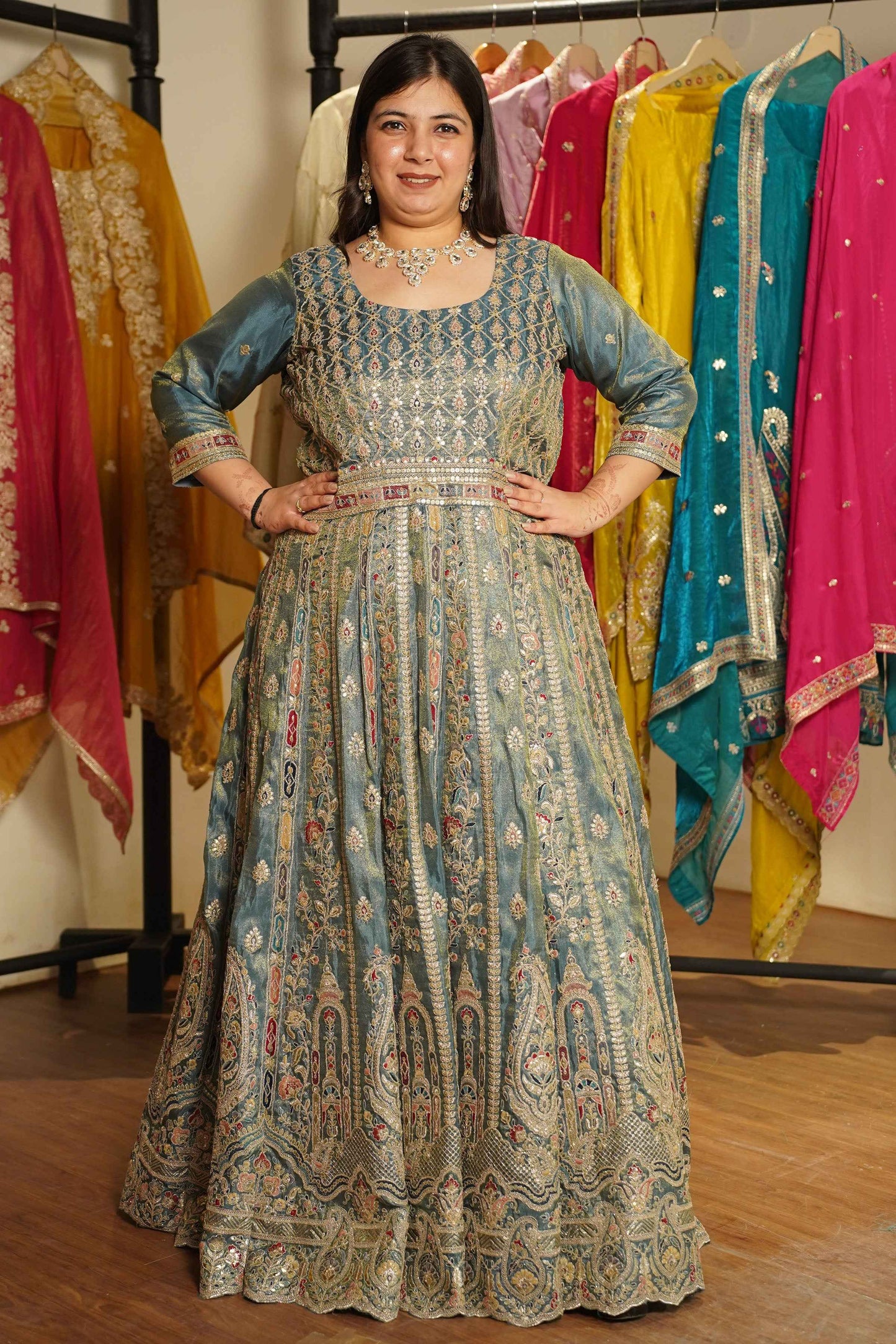 Zehnaya Blue Tissue Zari Embroidered Dress