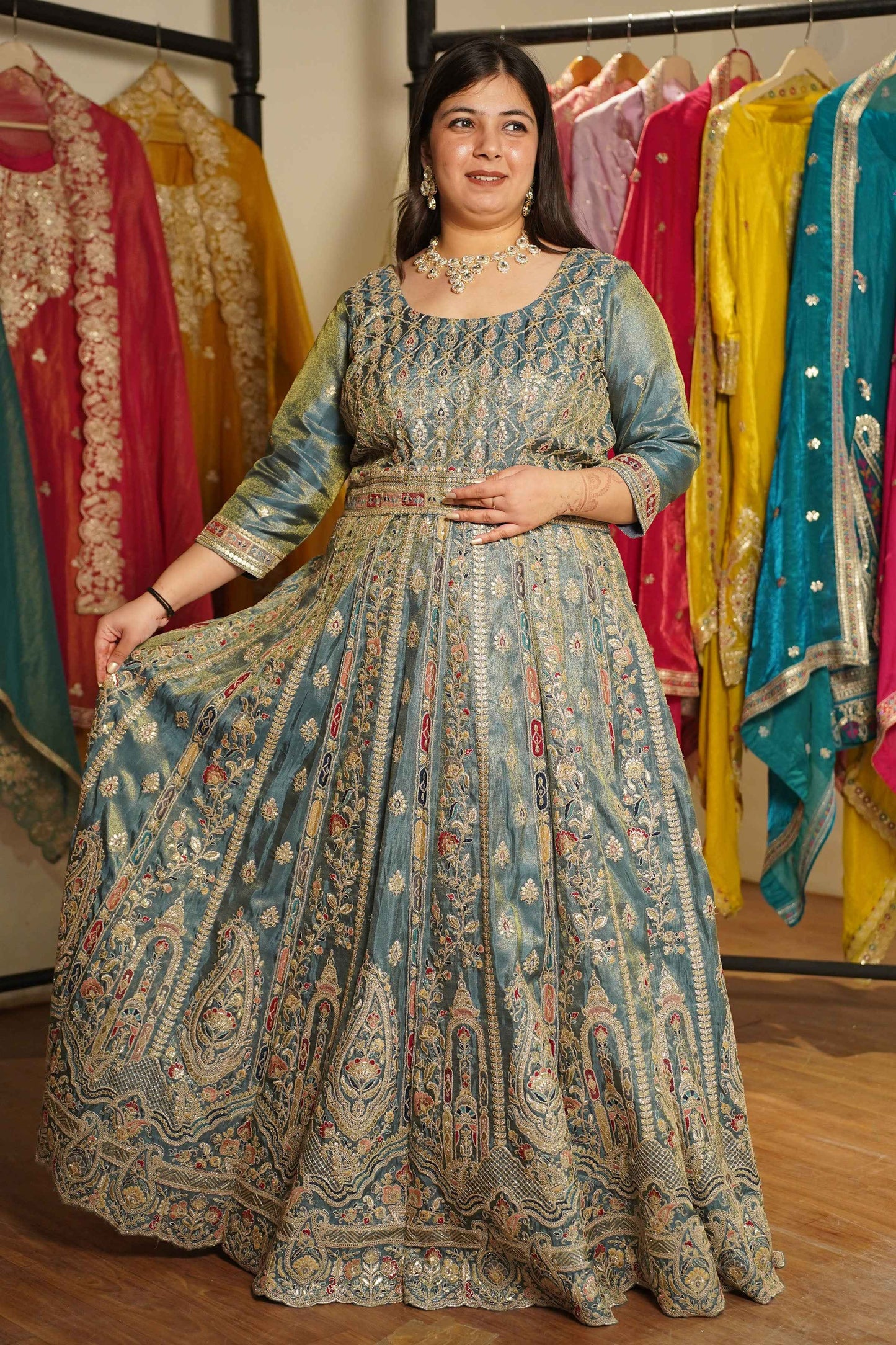 Zehnaya Blue Tissue Zari Embroidered Dress