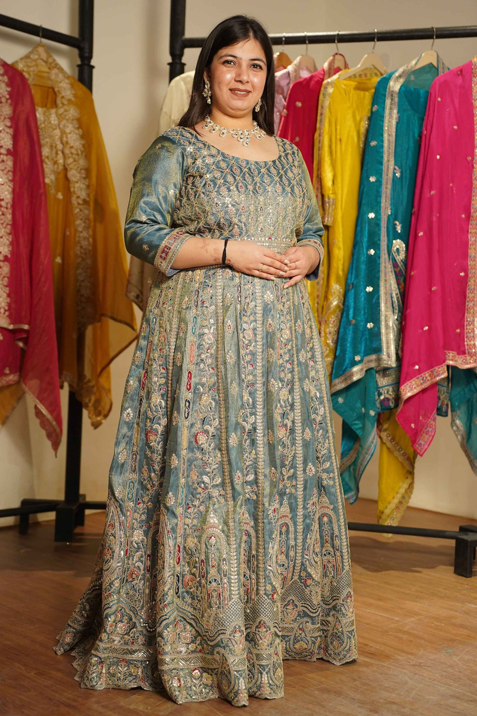 Zehnaya Blue Tissue Zari Embroidered Dress